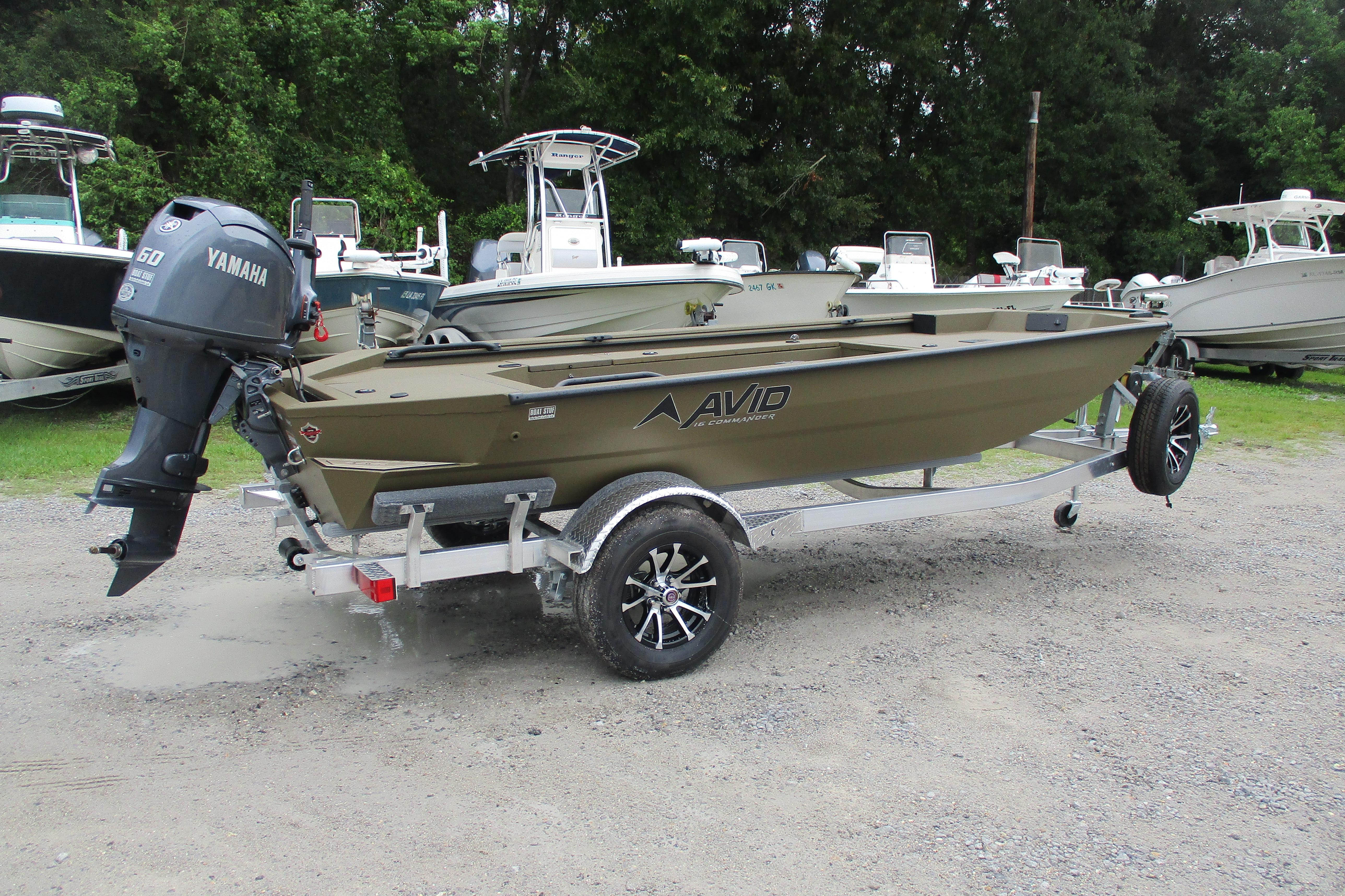 2026 Avid 16 Commander boat on trailer with Yamaha motor, parked outdoors.
