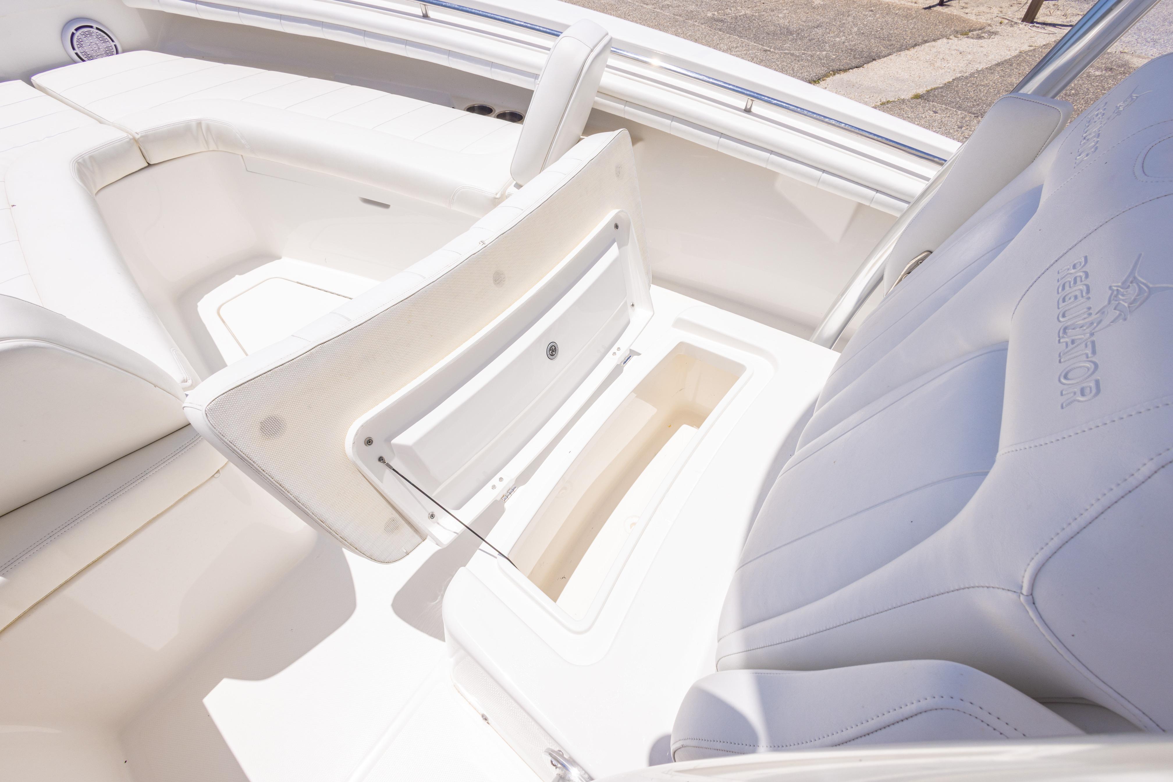 2019 Regulator 23 Center Console boat interior with open storage compartment.