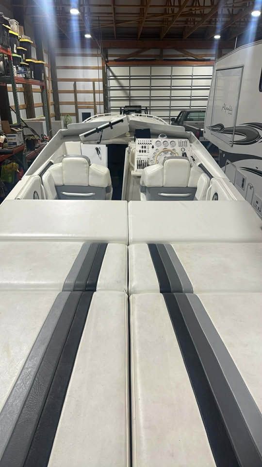 Interior view of a 1996 Fountain 42Ft boat in a garage.