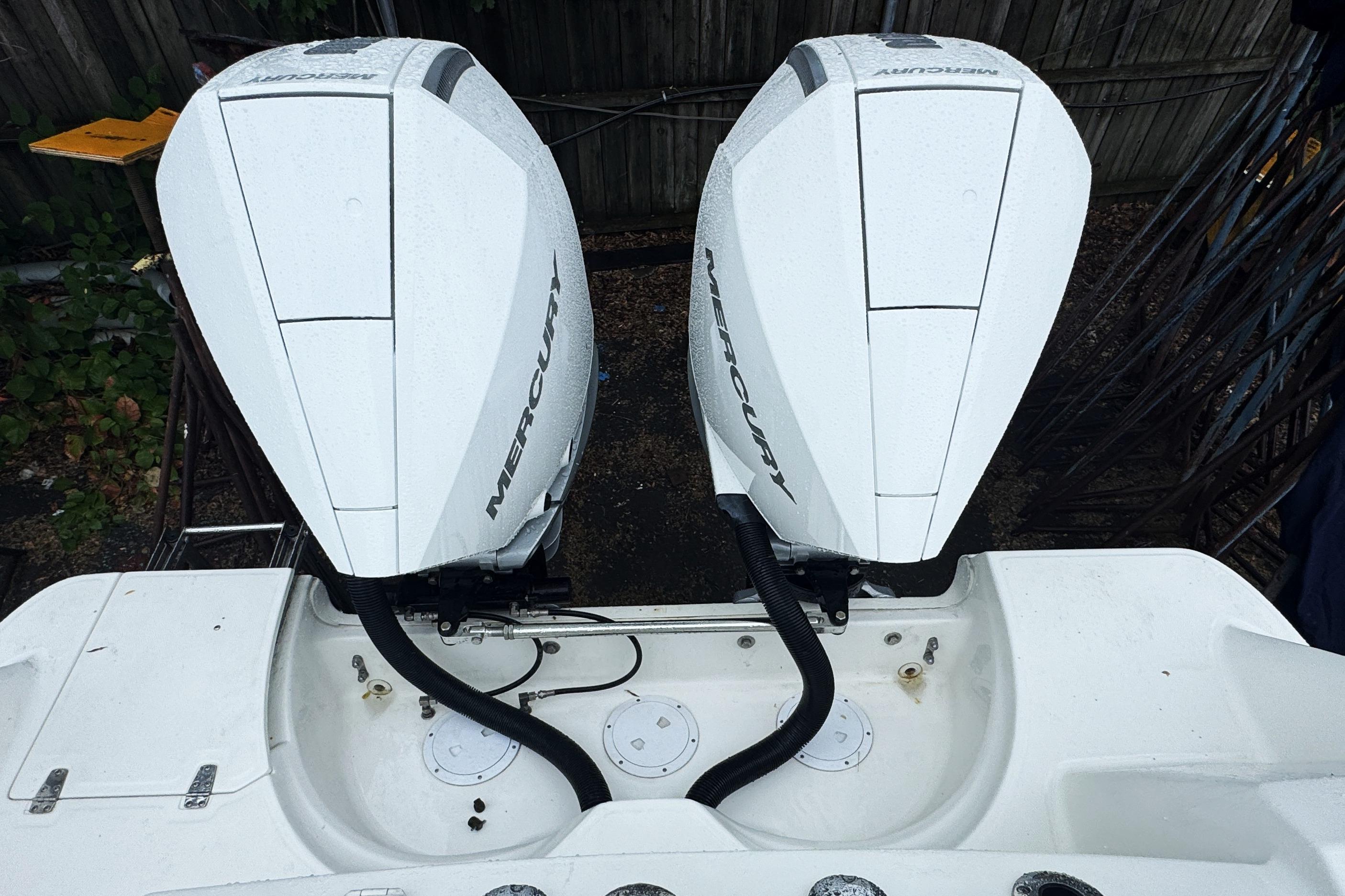 Twin Mercury outboard engines on a 2014 Boston Whaler 250 Outrage boat.