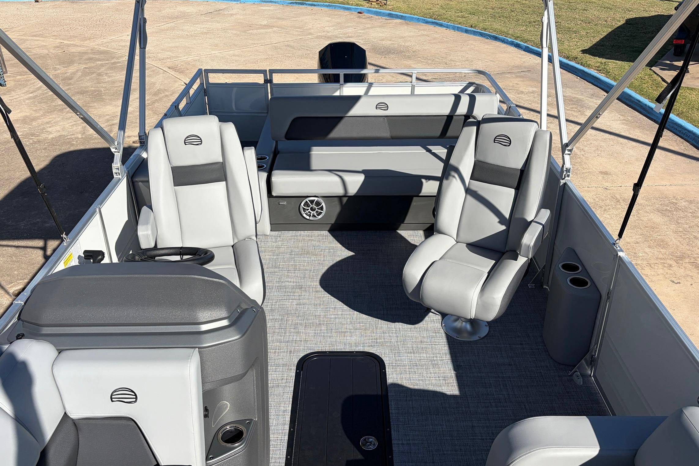 2026 Sun Tracker Party Barge 22 RF XP3 interior with gray seating and spacious layout.