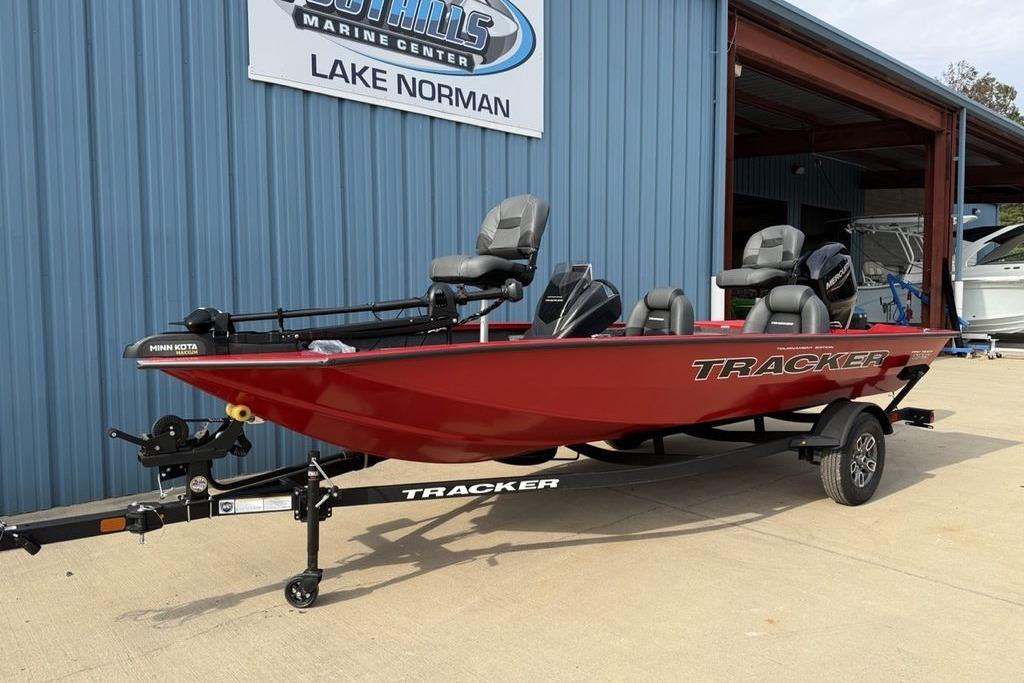 2026 Tracker Pro Team 175 boat in red, displayed at Lake Norman Marine Center.
