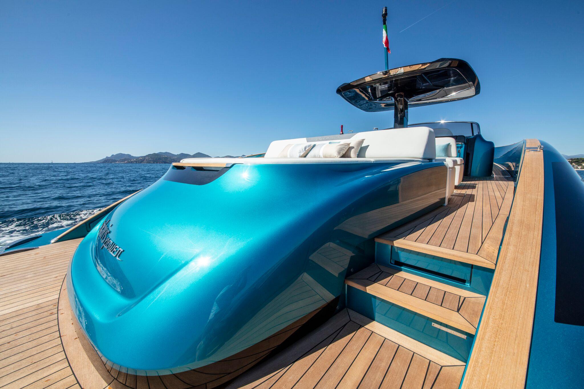 2024 Solaris Power 48 OPEN yacht on open sea with wooden deck.