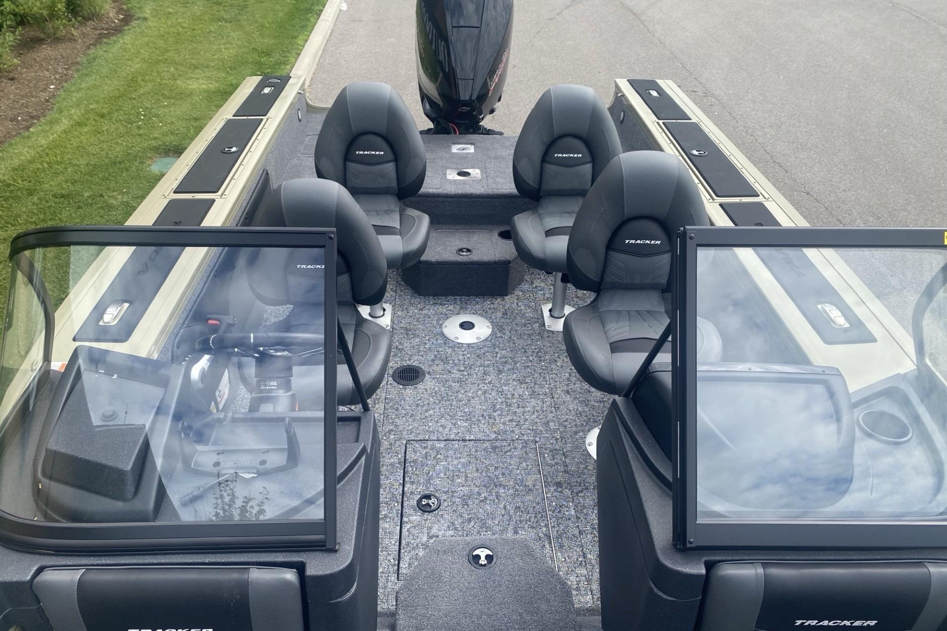 2026 Tracker Targa V-19 WT boat interior with seating and windshield view.