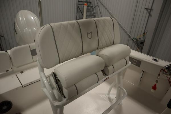2025 Sea Fox 228 Commander boat interior with cushioned seating.