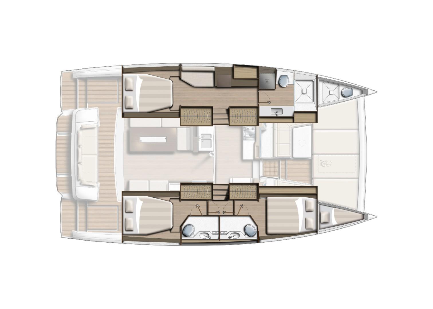 Floor plan of 2025 Bali 4.2 catamaran, featuring cabins, bathrooms, and living area.