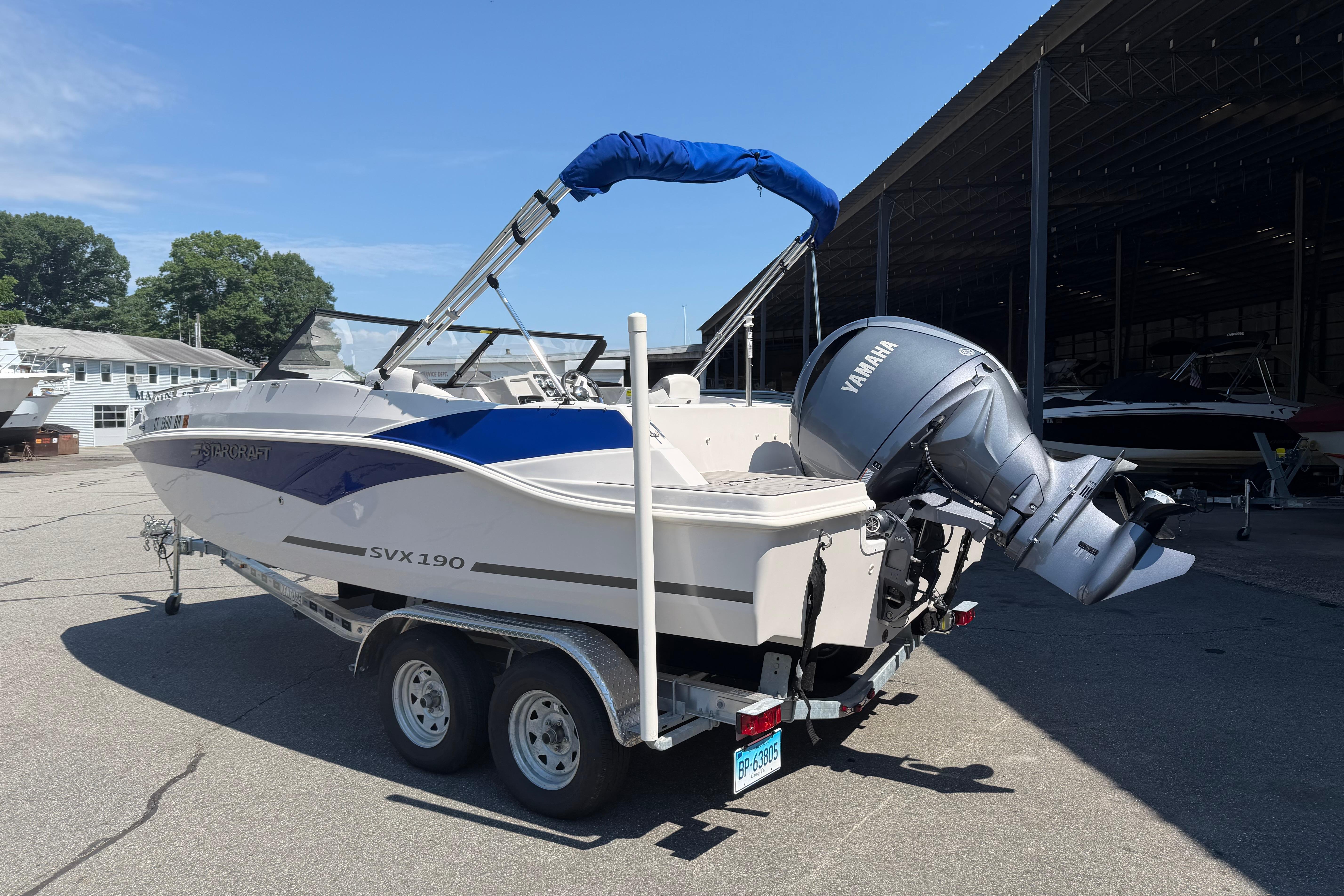 2025 Starcraft SVX 190 OB boat with Yamaha outboard motor on a trailer.