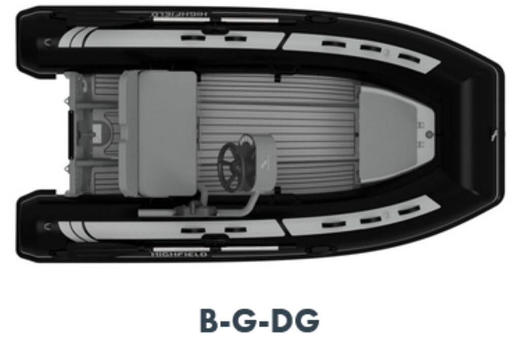 Top view of 2025 Highfield CL340 inflatable boat, black and gray design.