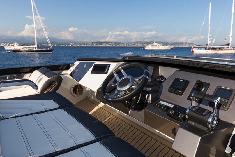 Manufacturer Provided Image: Luxury yacht helm of 2025 Galeon 650 Sky with ocean view.