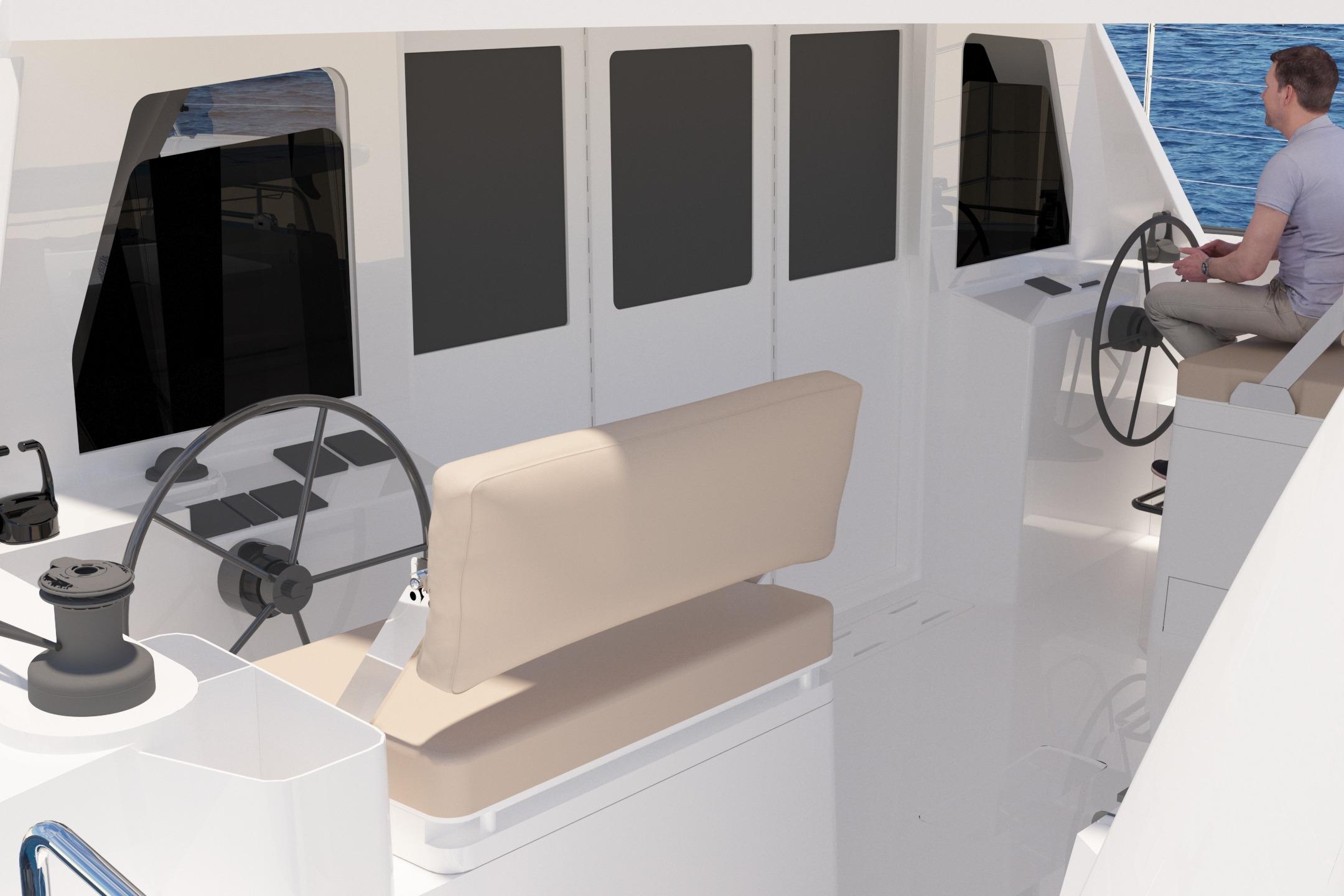 2026 Seawind 1270 yacht cockpit with dual steering wheels and beige seating.