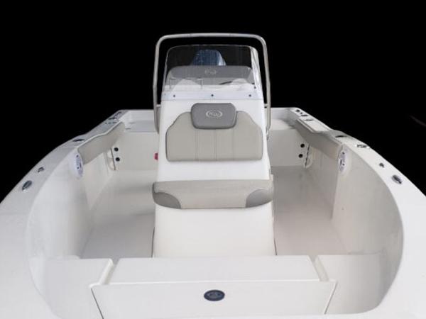 2025 Key West 179 FS boat interior with seating and console.