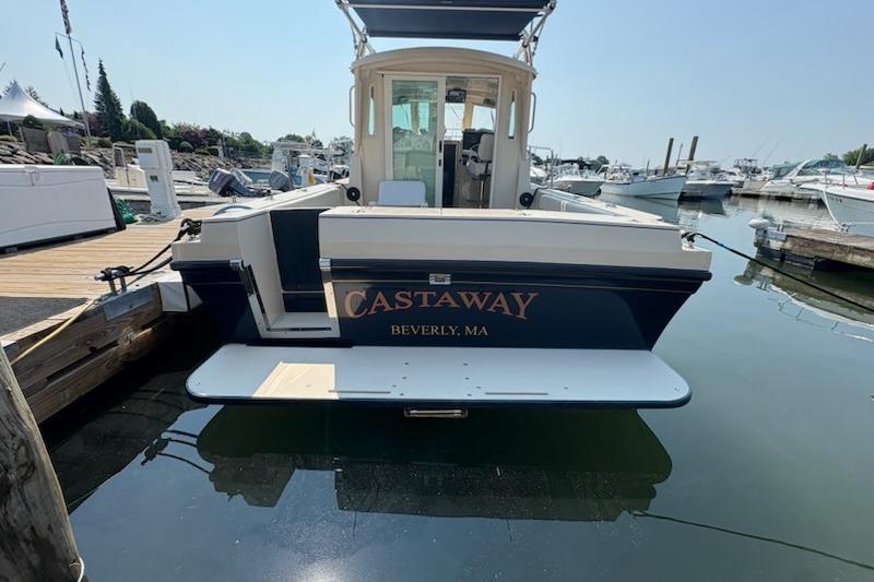 2003 Albin 28 Tournament Express boat named "Castaway" docked in Beverly, MA marina.