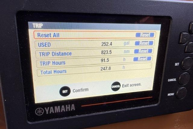 Yamaha trip display showing fuel usage and trip details on a 2017 Cutwater C-242 Coupe.