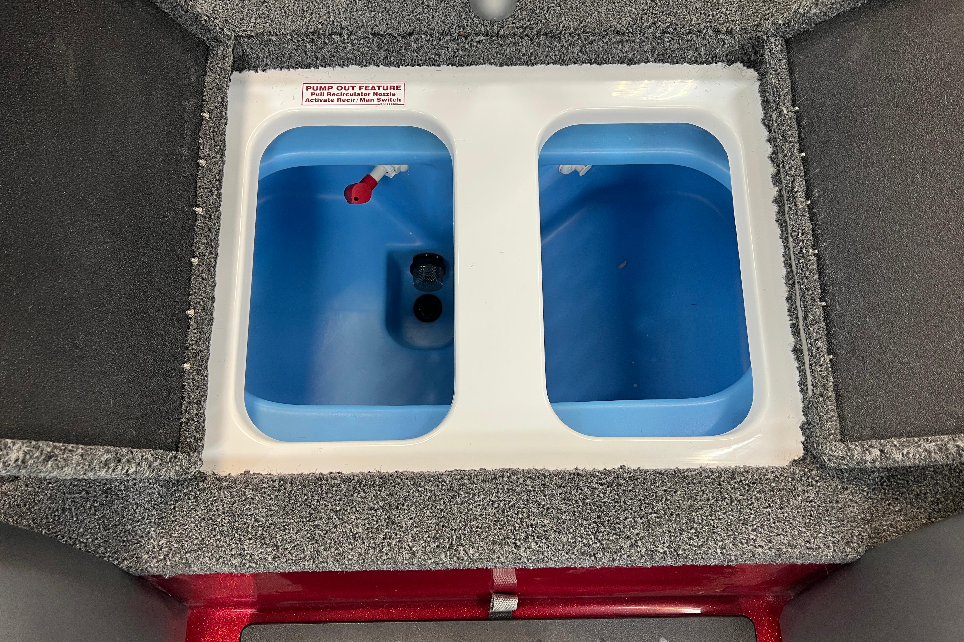 Livewell compartments in a 2026 Nitro Z17 boat, featuring pump-out feature and recirculation system.