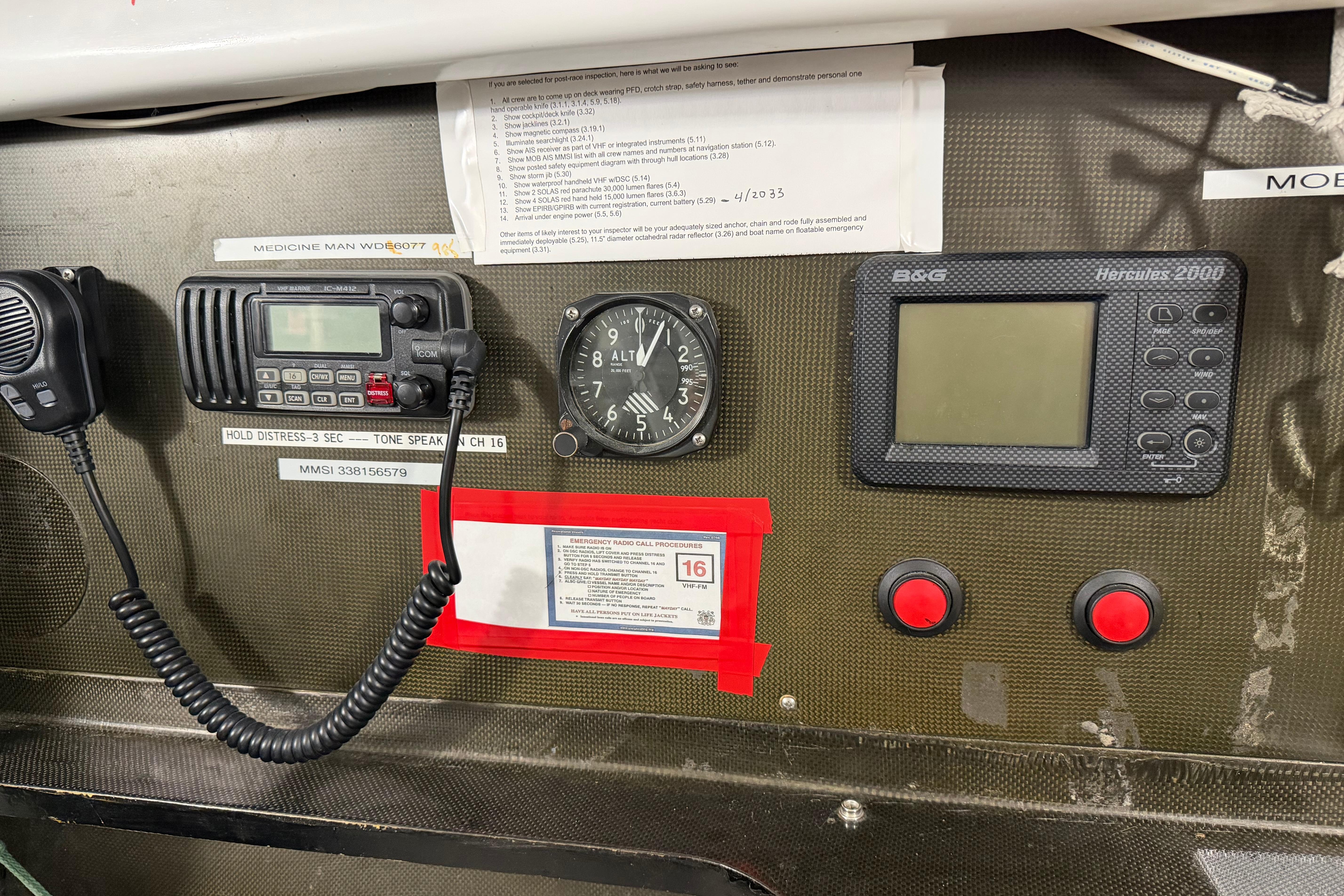 Control panel of Andrews 63 yacht with radio, altimeter, and navigation display.