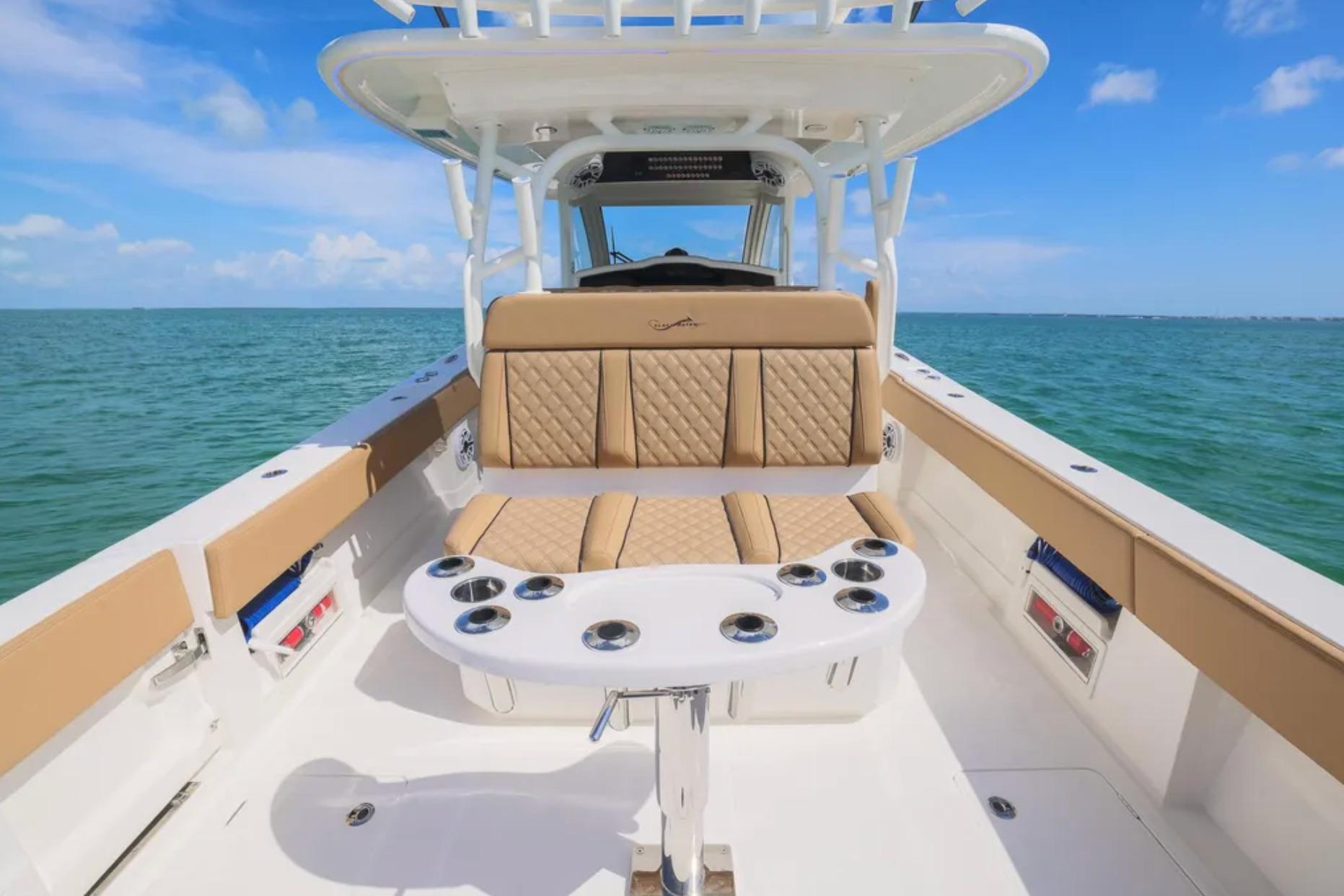 2025 Blackwater 41 Performance Fish boat interior with tan seating, ocean view.