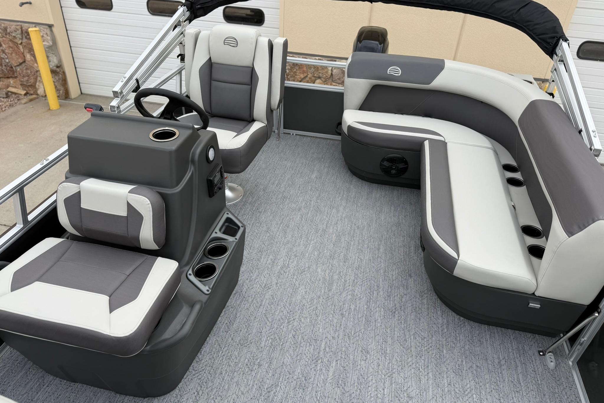 2026 Sun Tracker Bass Buggy 16 XL Select interior with gray and white seating.