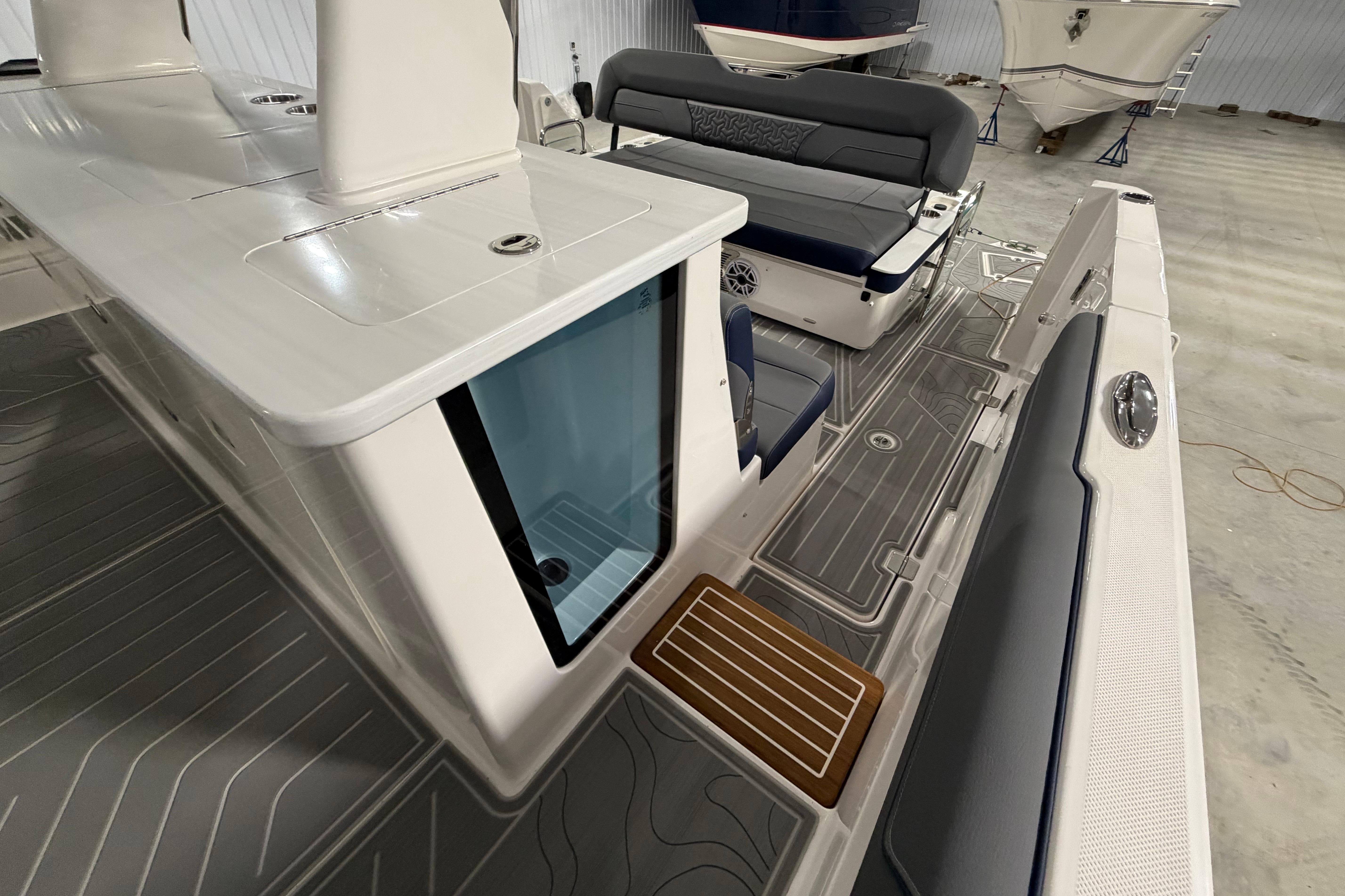 2027 Regal 38 Surf boat interior with sleek seating and modern design.