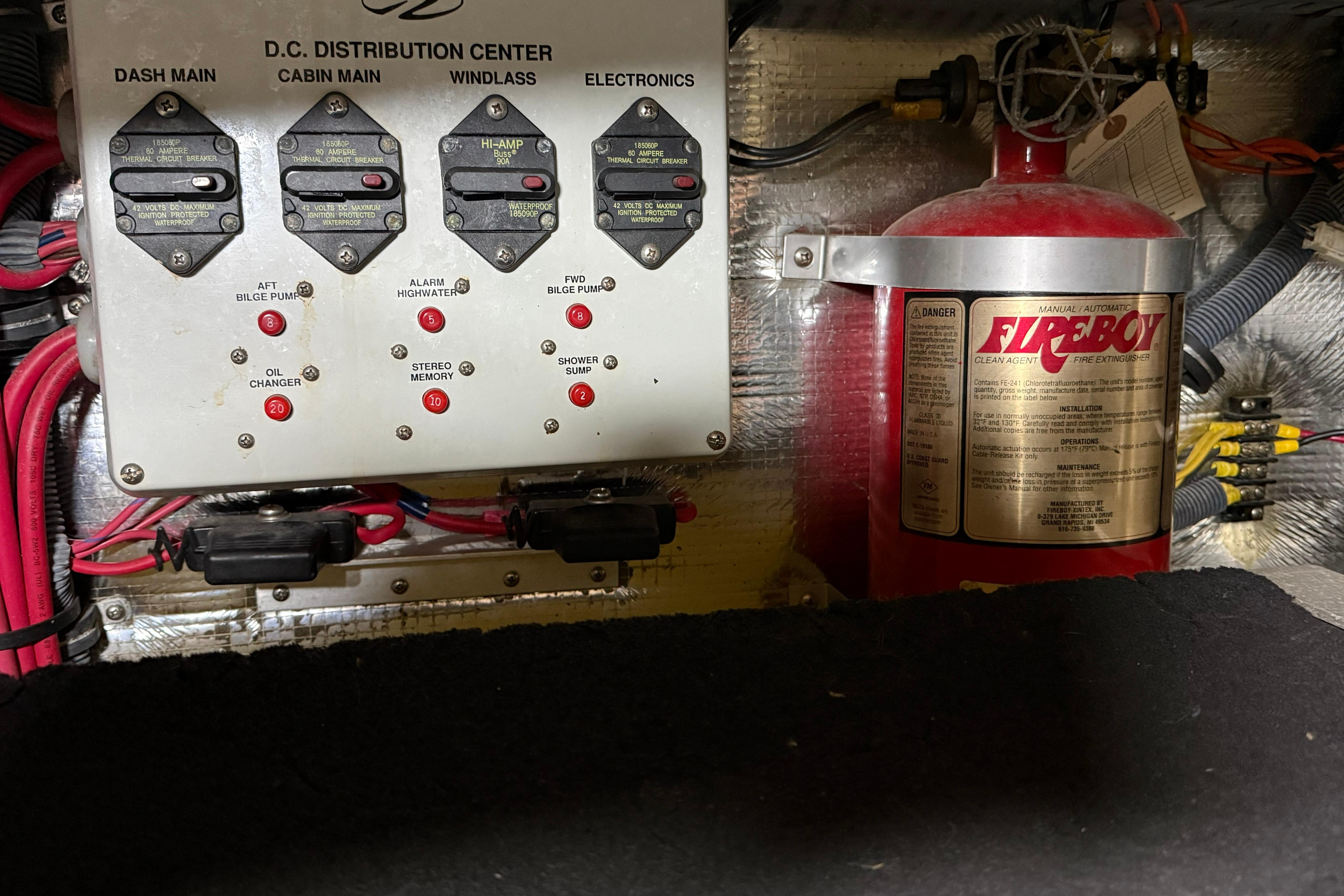 Electrical panel and fire extinguisher in 2007 Regal Commodore 3760 IO boat.