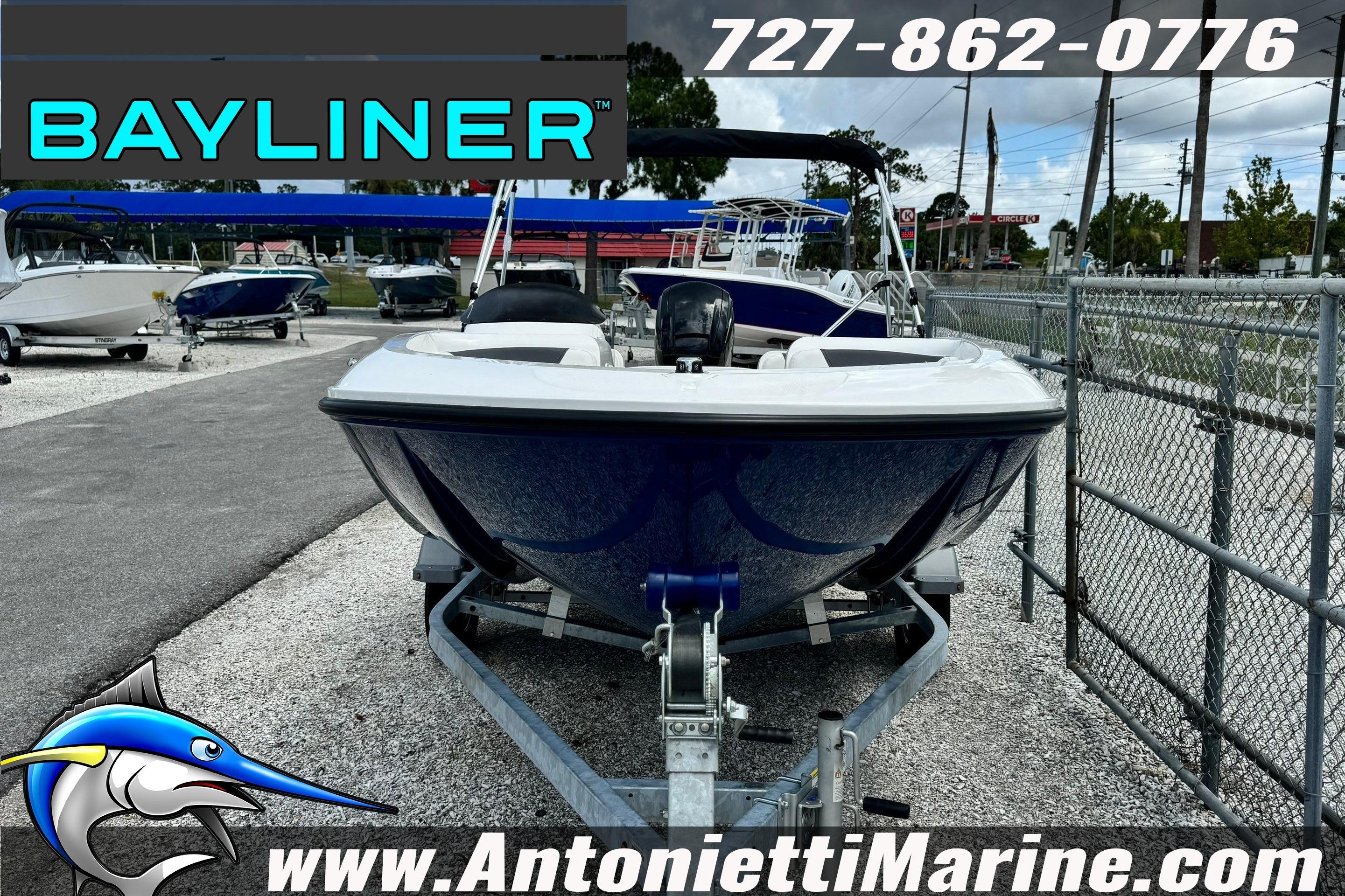 2026 Bayliner Element E16 boat on trailer at Antonietti Marine dealership.