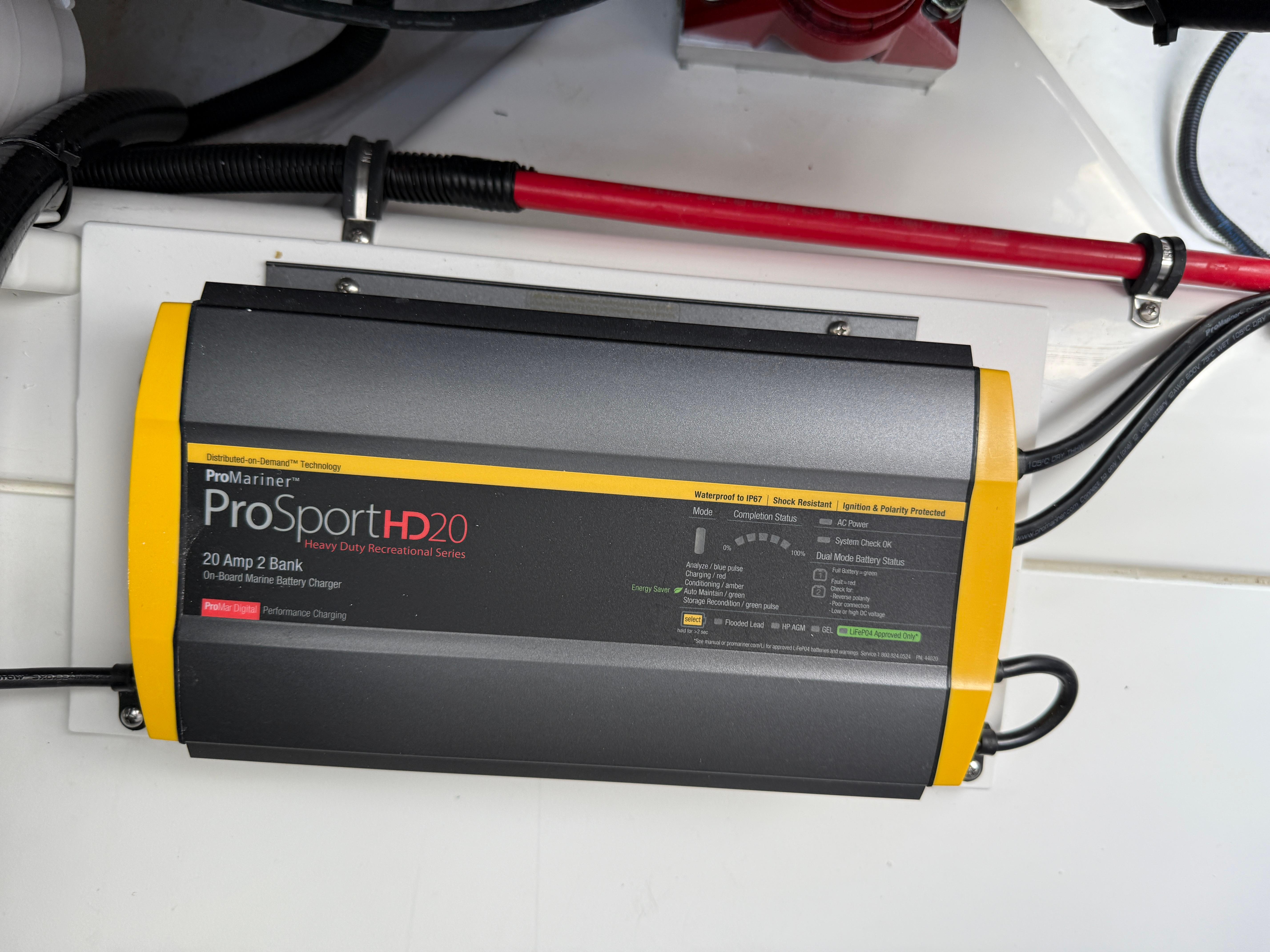 ProMariner ProSportHD20 marine battery charger installed in a 2025 Cobalt R6 boat.