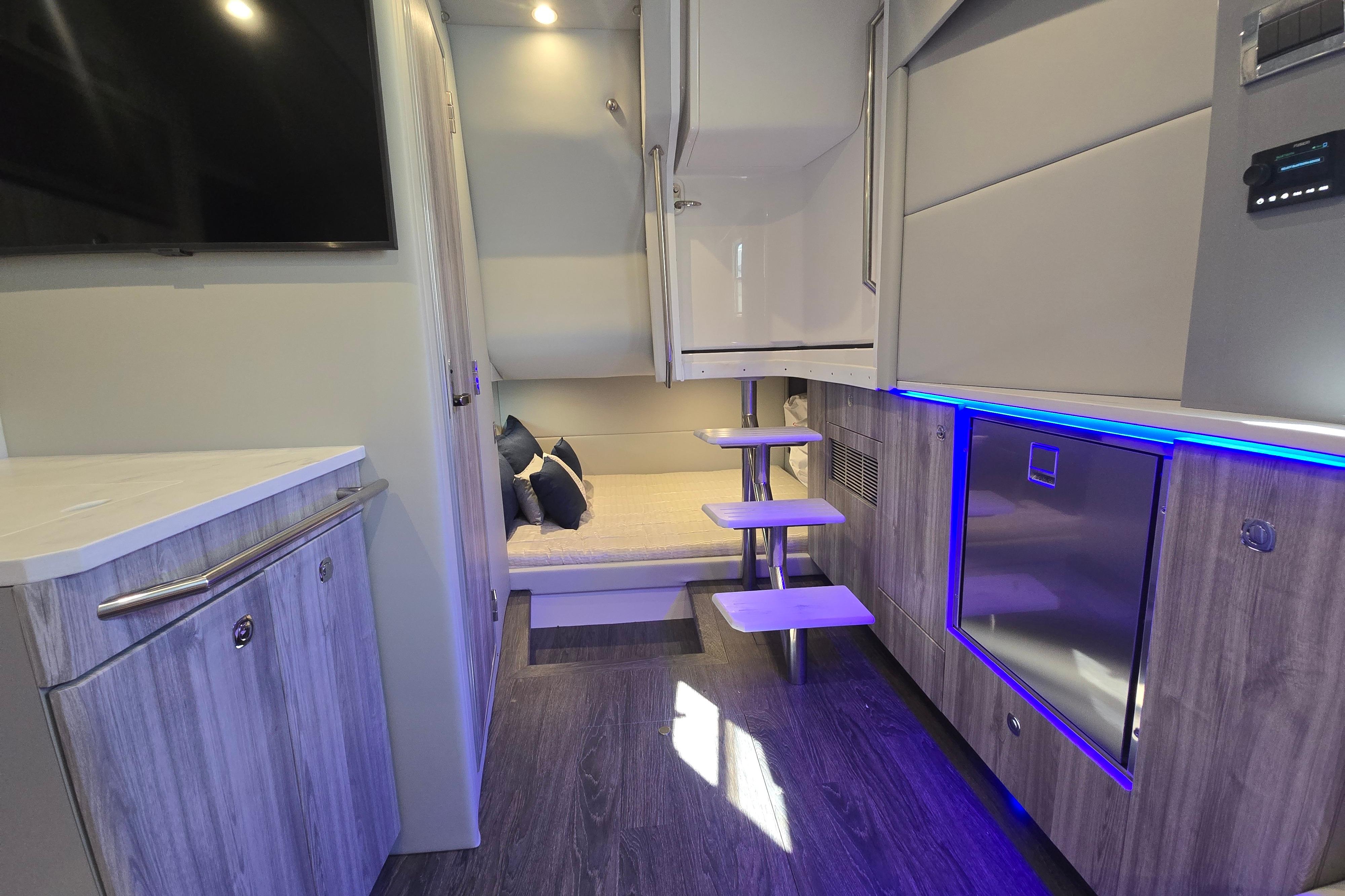 Interior of 2025 Formula 380 Super Sport Crossover OB with modern design and ambient lighting.
