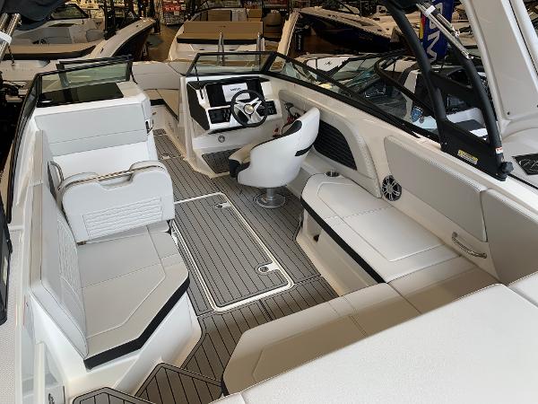 2025 Sea Ray SPX 230 boat interior with modern seating and sleek design.