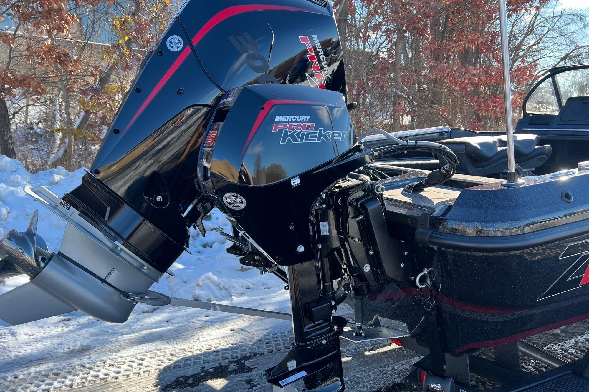 Nitro ZV20 2026 boat with Mercury Pro Kicker engine in snowy outdoor setting.