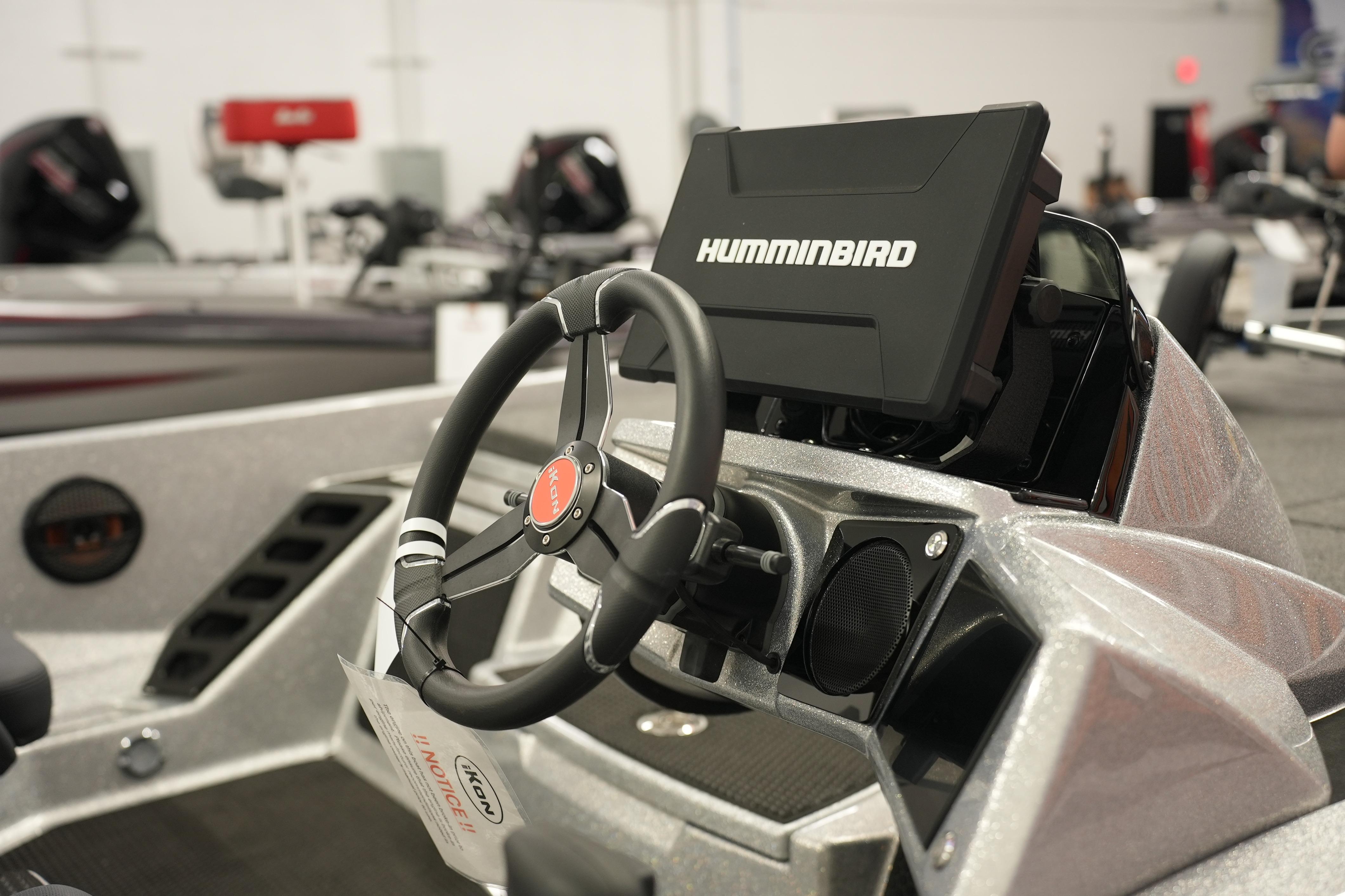 Steering console of 2026 iKon LXE20 boat with Humminbird navigation system.