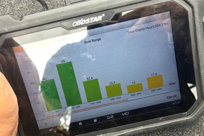 Tablet displaying RPM range data for Tracker Pro Team 190 TX, 2015 model, with total engine hours.