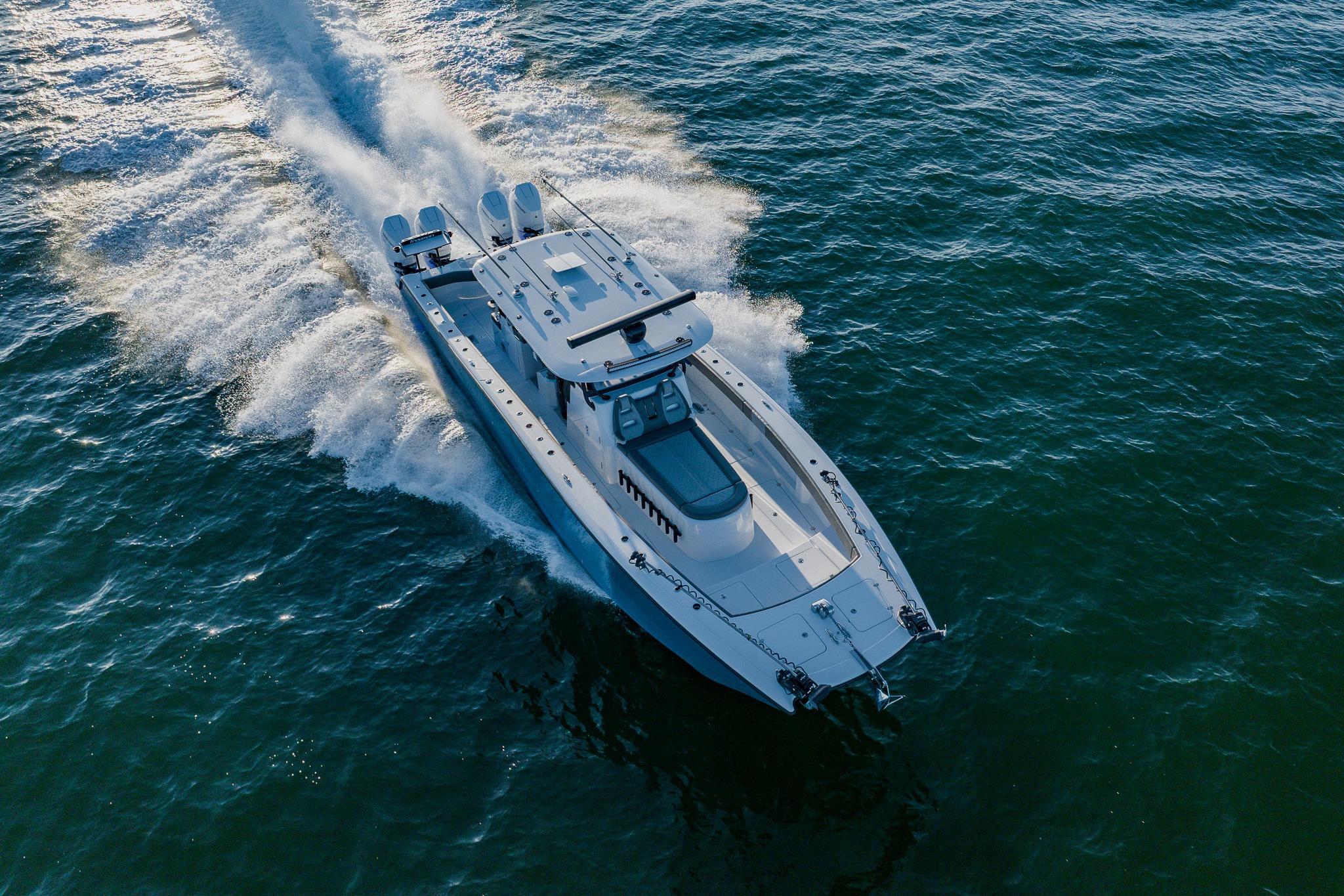 Aerial view of 2025 Freeman 42LR boat cruising on open water.