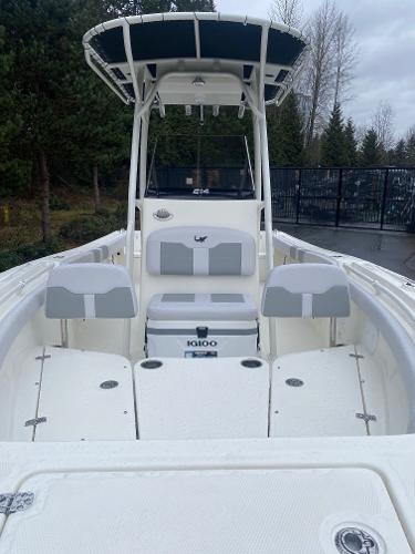 2025 Mako 214 Center Console boat on outdoor trailer.