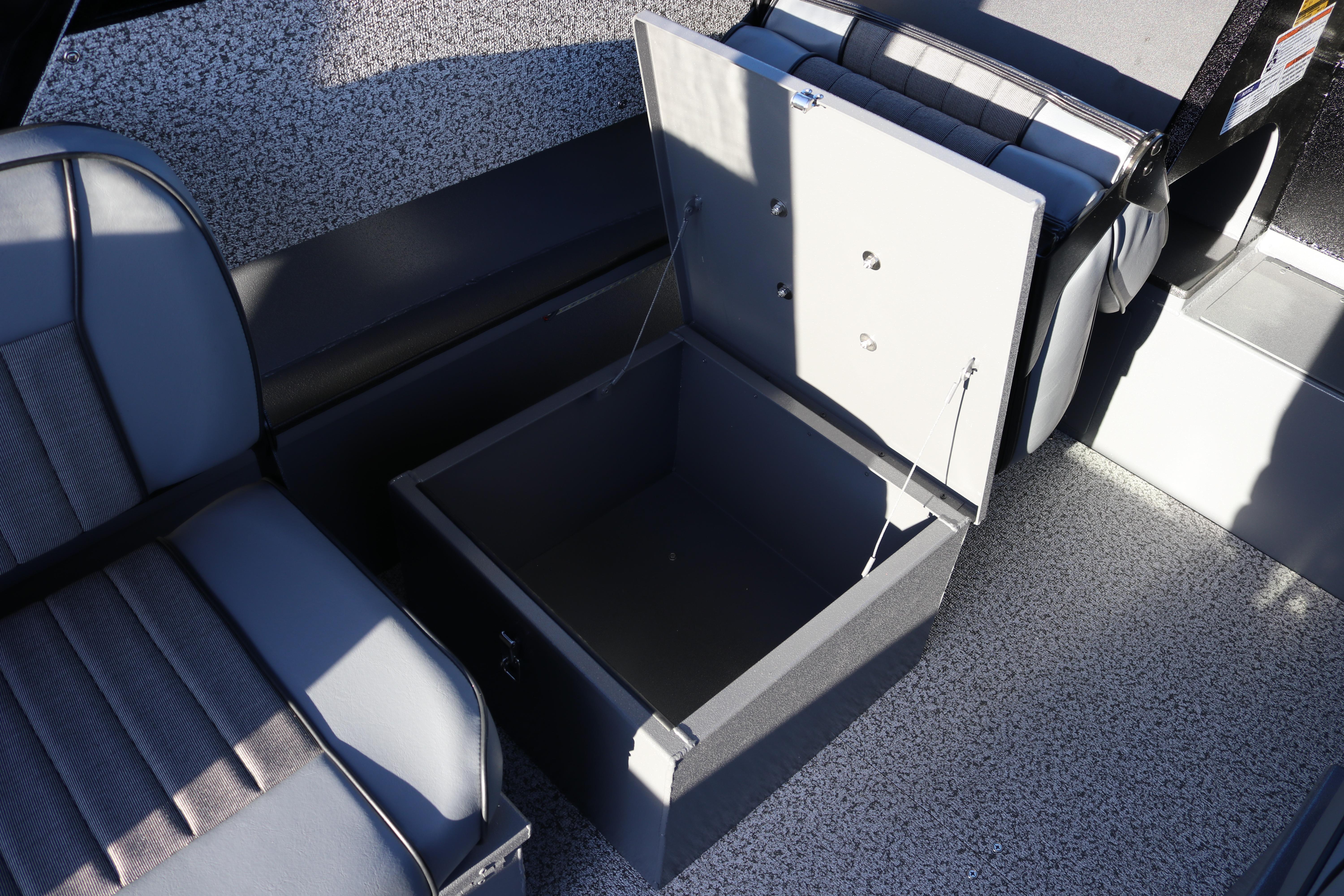 2026 Alumaweld Stryker X202 boat interior with open storage compartment and seating.