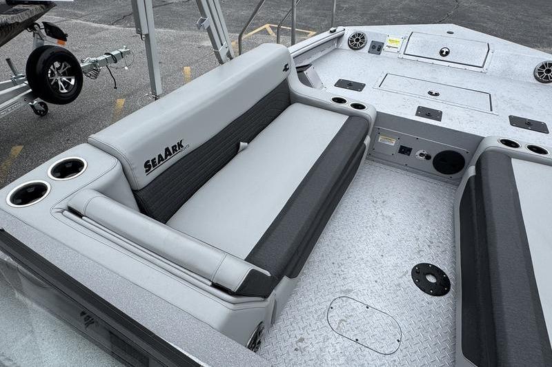2025 SeaArk Super Lounge Easy boat interior with comfortable seating and cup holders.