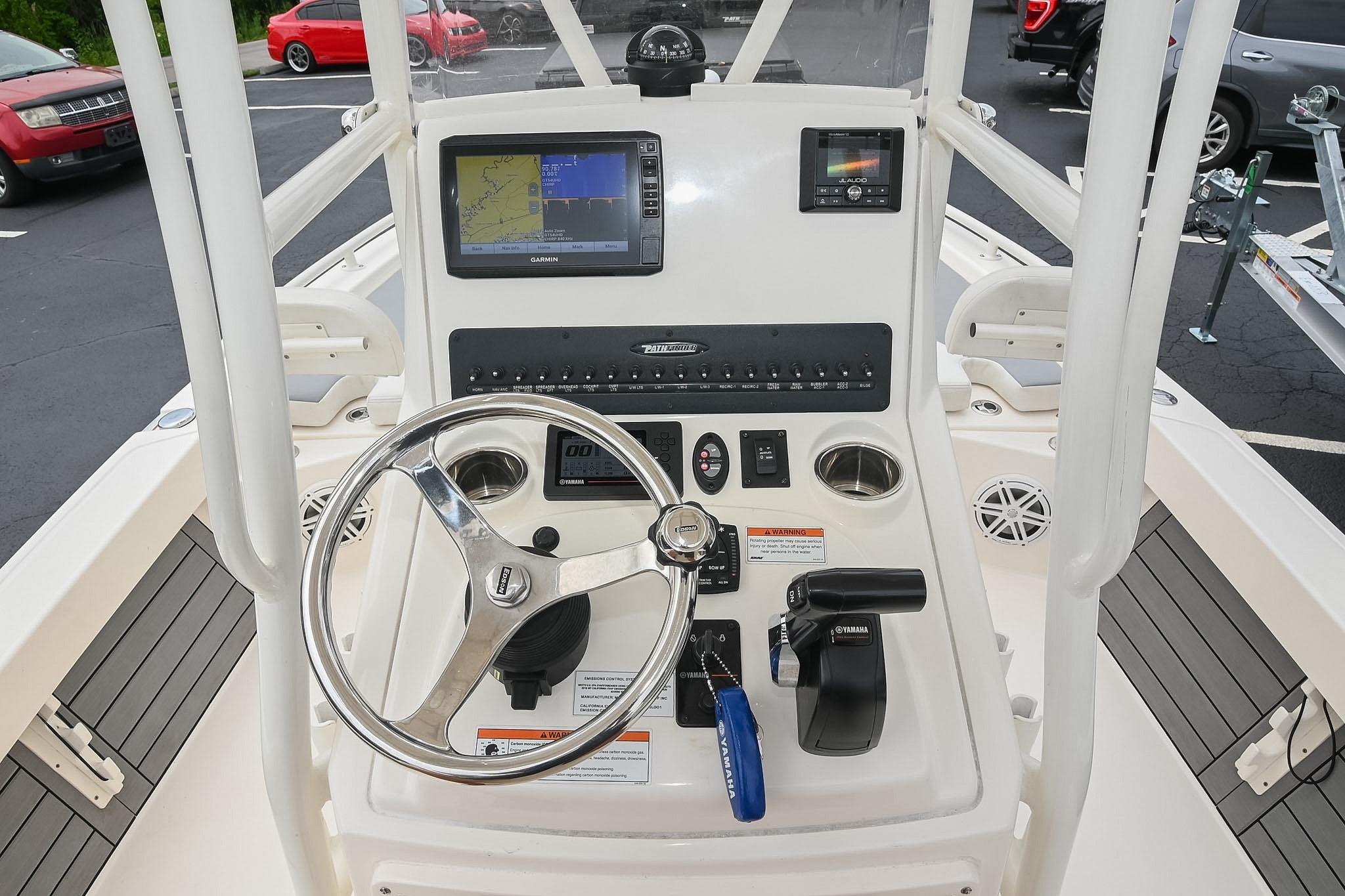 2021 Pathfinder 2200 TRS boat console with Garmin navigation and Yamaha controls.