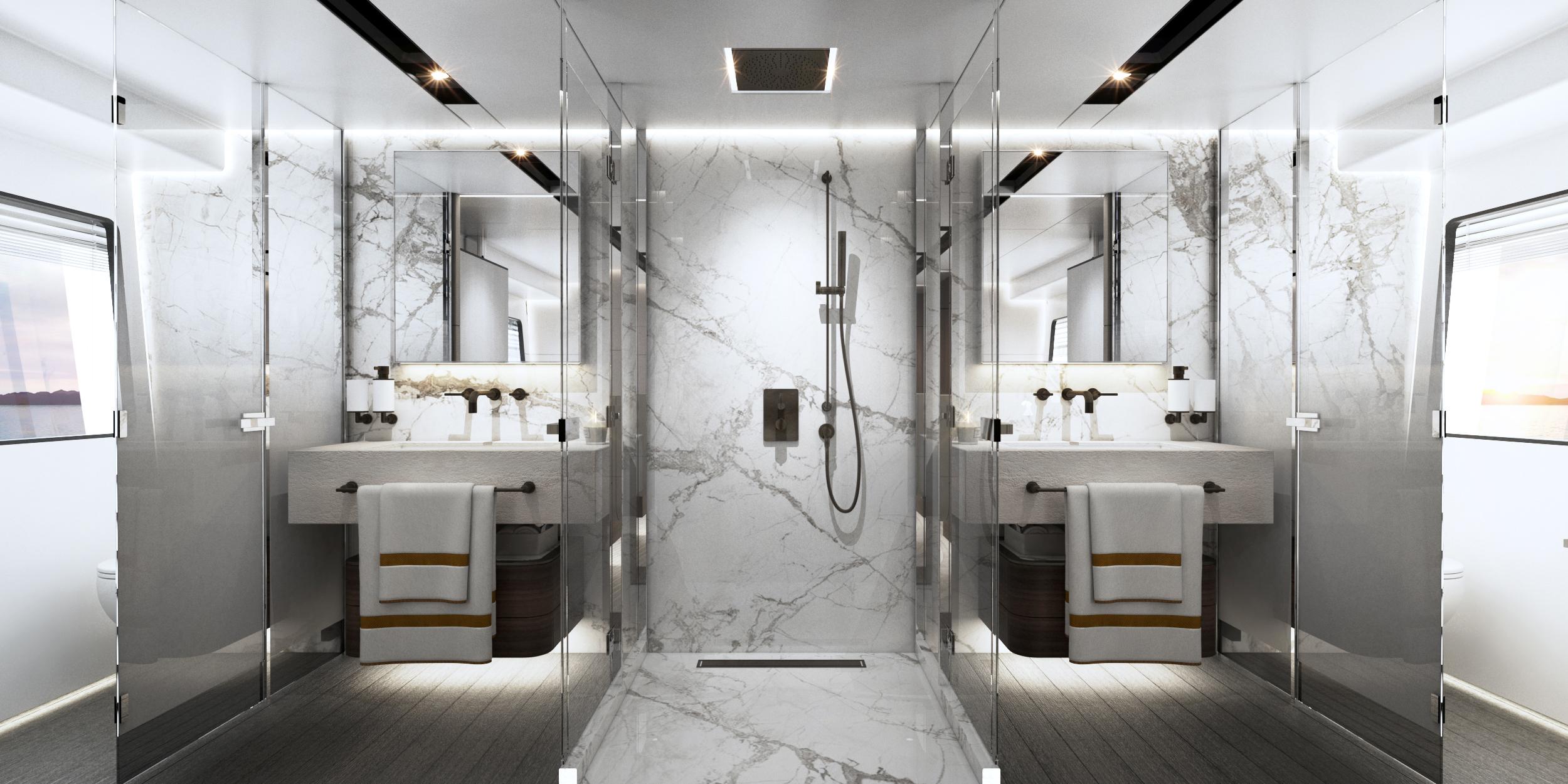 Luxurious marble bathroom in 2024 Astondoa AS8 yacht, featuring dual sinks and a spacious shower.