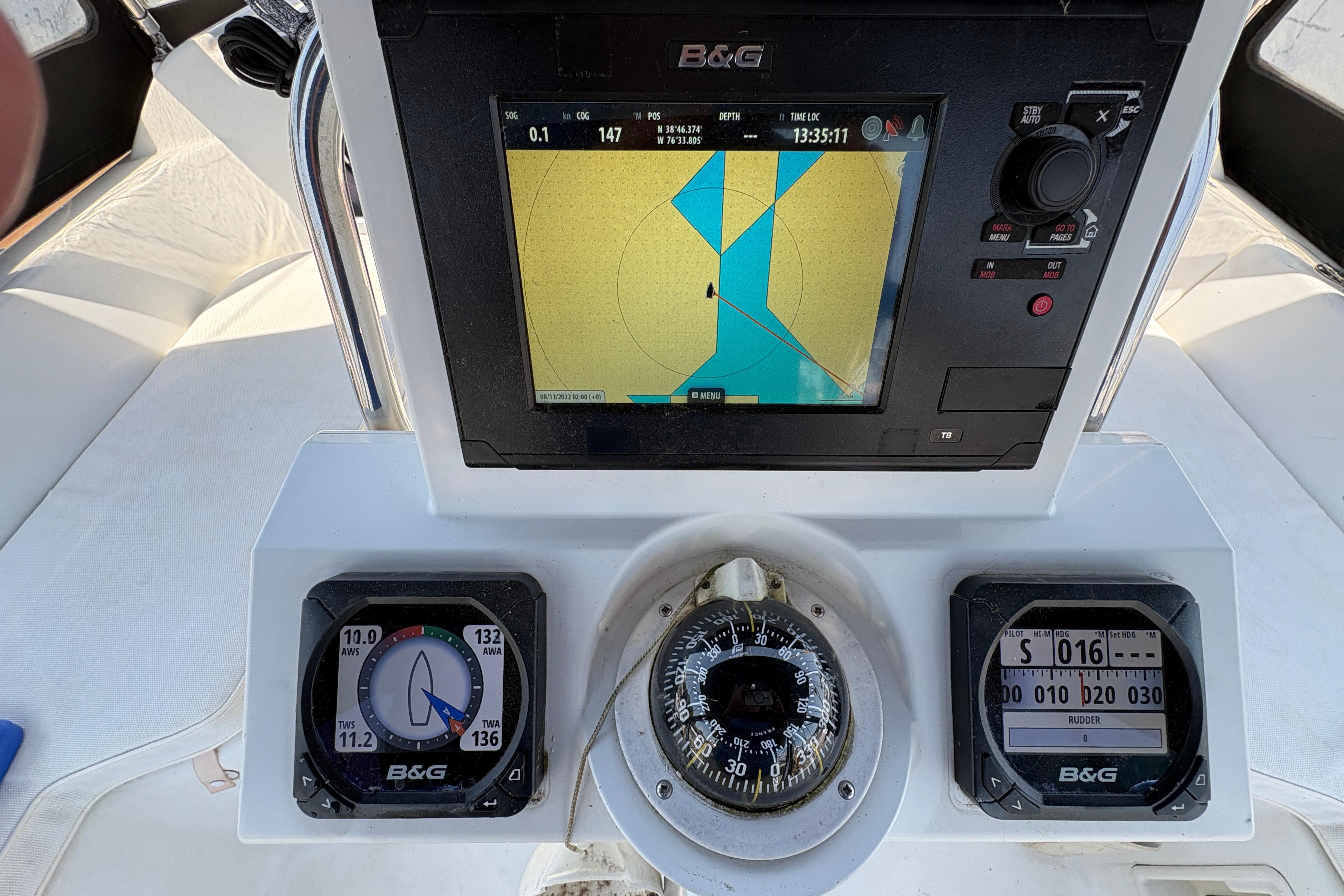 Cockpit navigation instruments on a 2015 Beneteau Oceanis 34 sailboat.