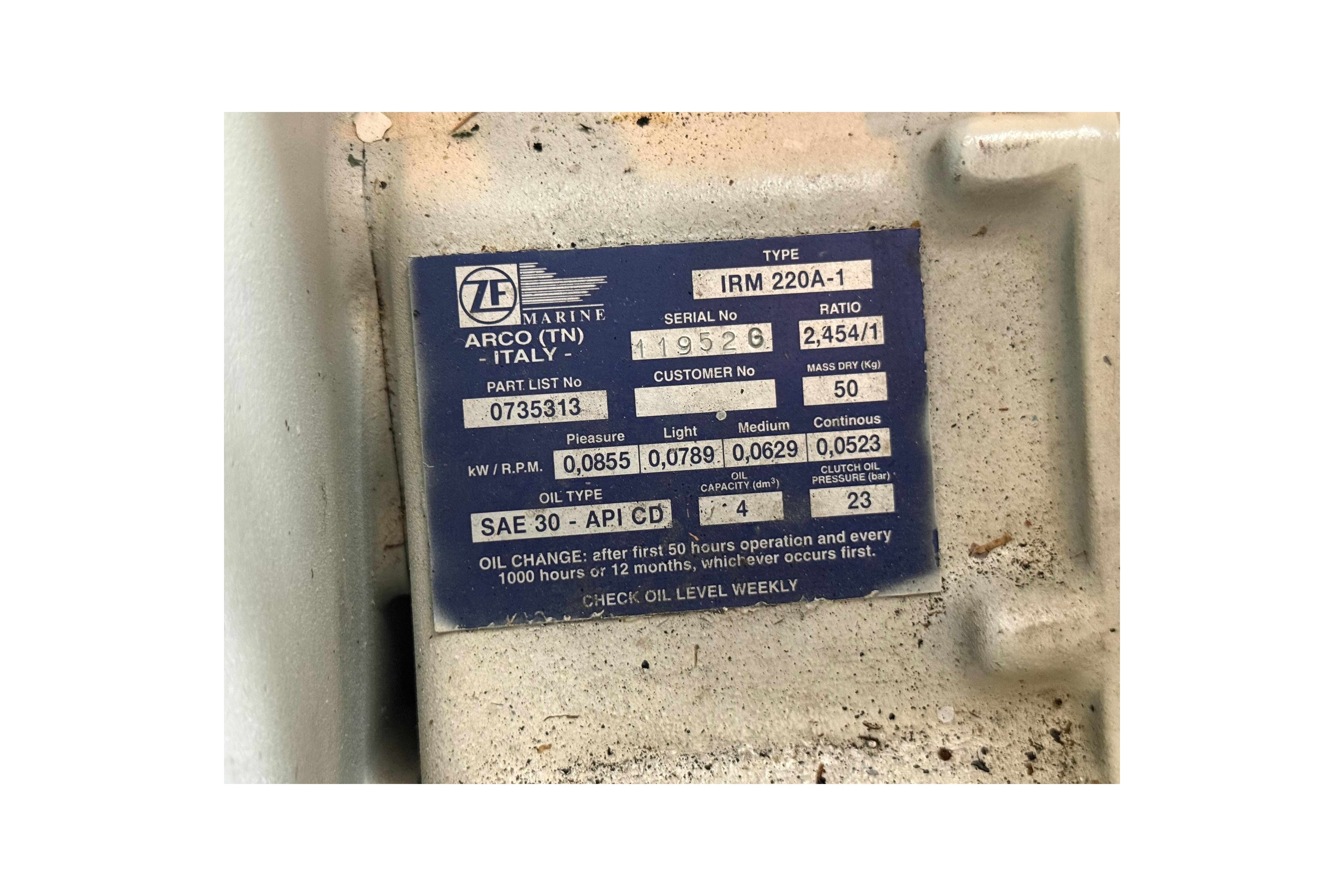Label on ZF Marine gearbox, IRM 220A-1, for 1999 Mainship 350 Trawler.