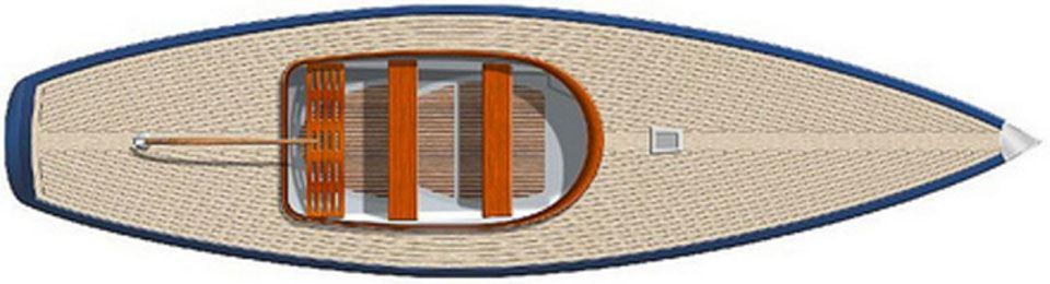Top view of a 2025 Rustler 24 sailboat with wooden deck and seating.