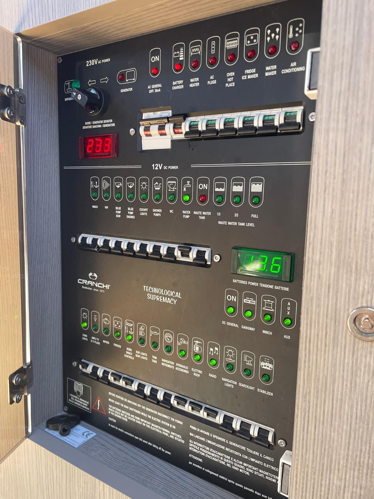 Electrical control panel of 2023 Cranchi A46 Luxury Tender yacht.