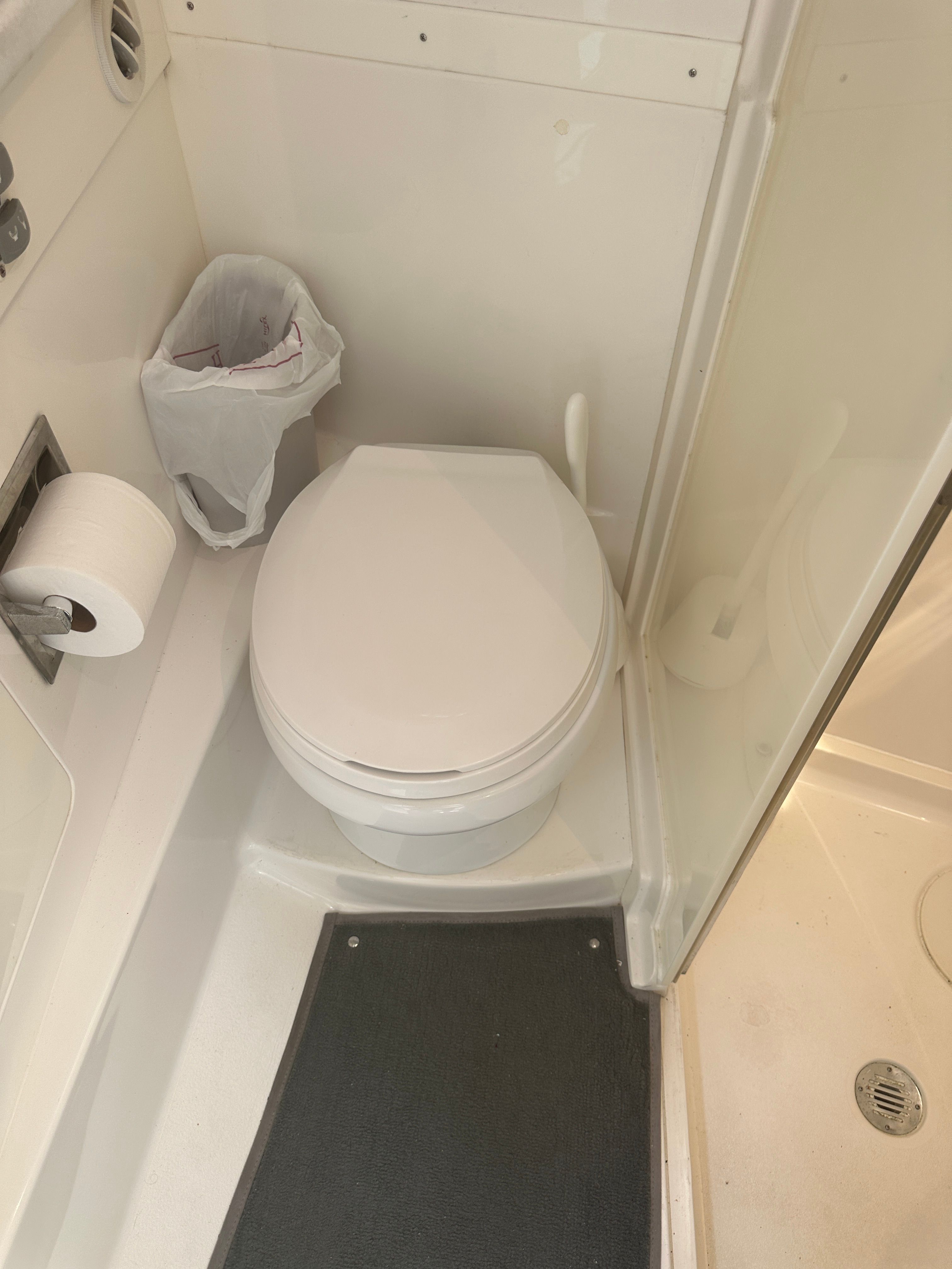 Bathroom in 2004 Intrepid 377 Walkaround boat.