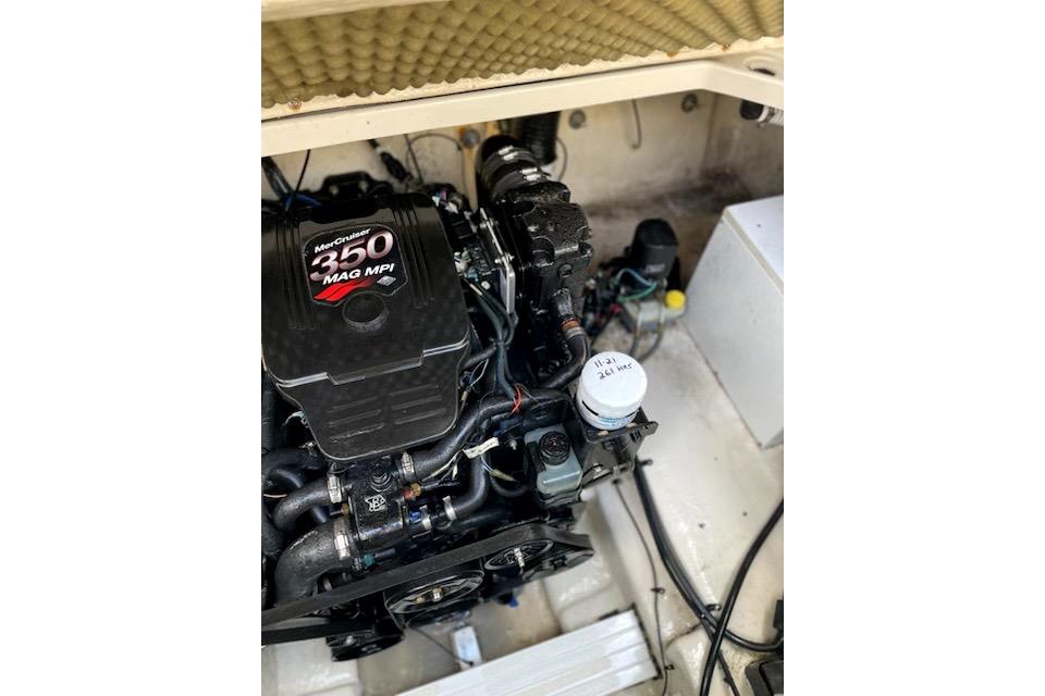 Engine compartment of a 2004 Sea Ray 240 Sundancer with MerCruiser 350 MAG MPI.