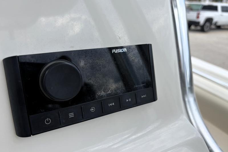 Close-up of Fusion audio control panel on 2024 Key West 239 FS boat.