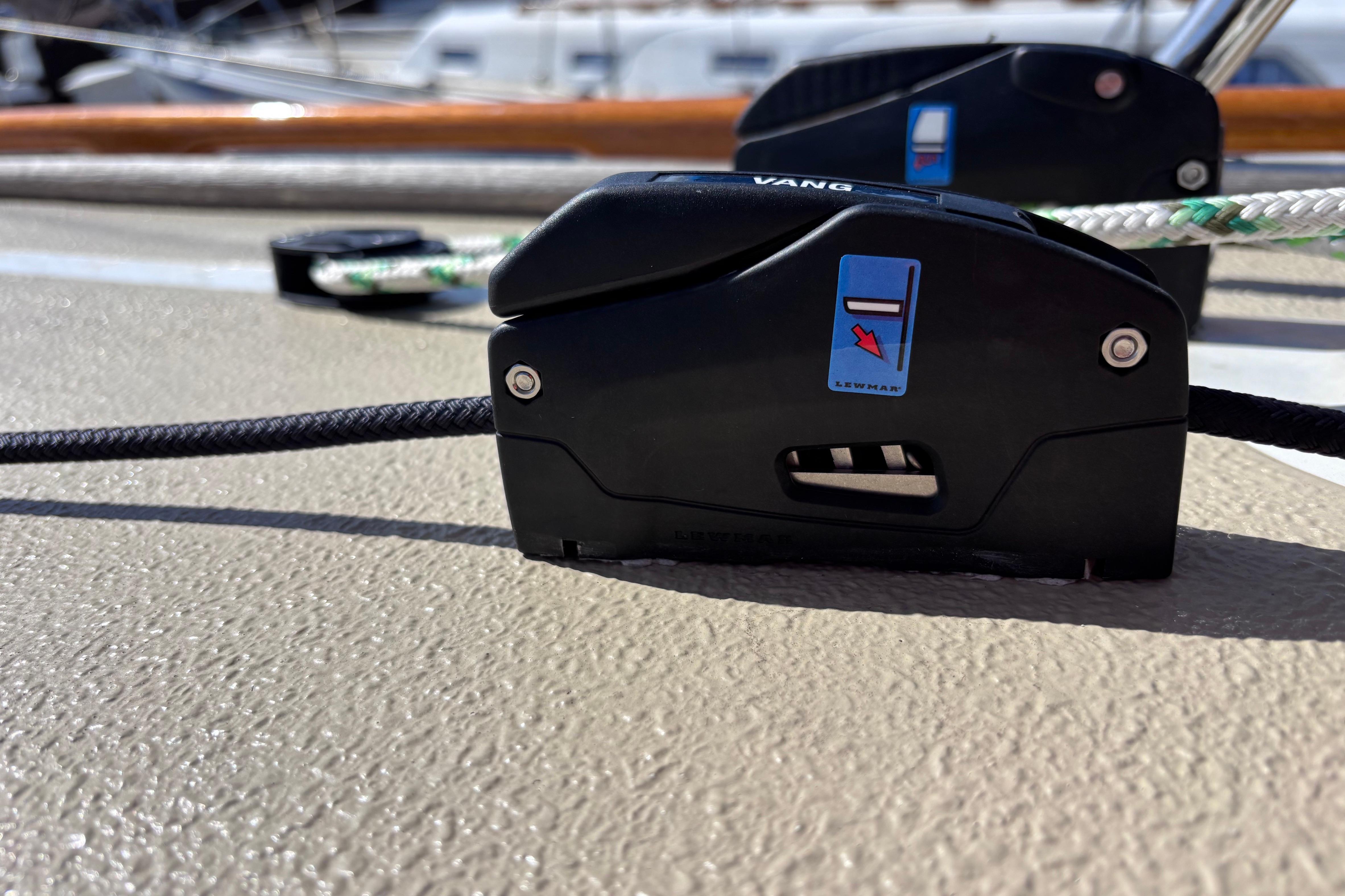 Close-up of a Lewmar rope clutch on a 1978 Swift 33 sailboat deck.