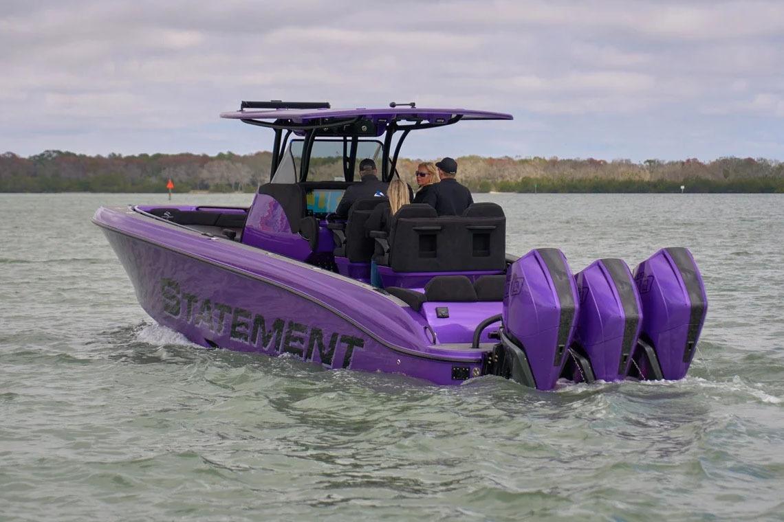 Manufacturer Provided Image: Purple 2026 Statement 380 Open boat cruising on water with passengers onboard.