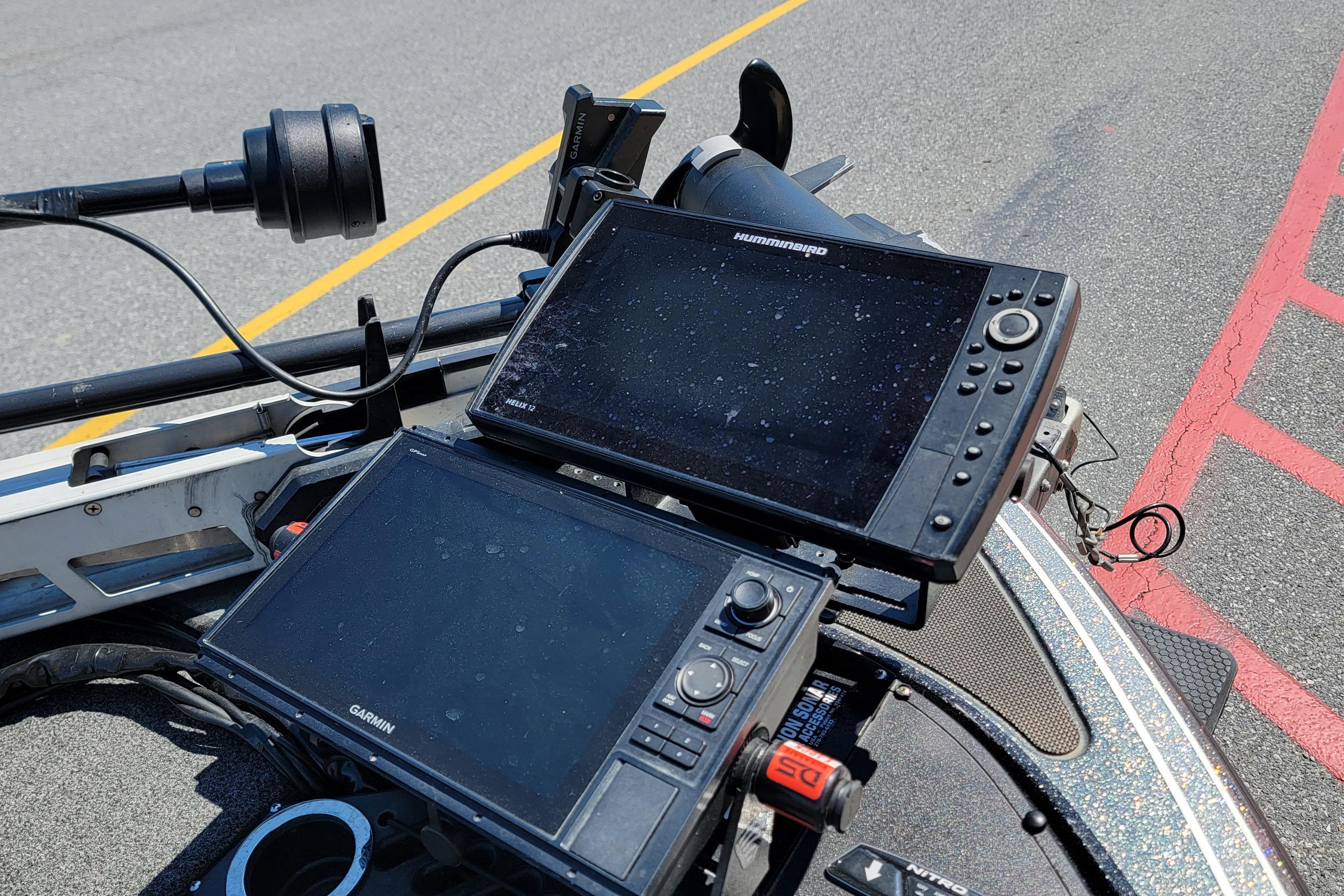 Fishing boat electronics on a 2020 Nitro Z19 Pro, featuring Garmin and Humminbird displays.