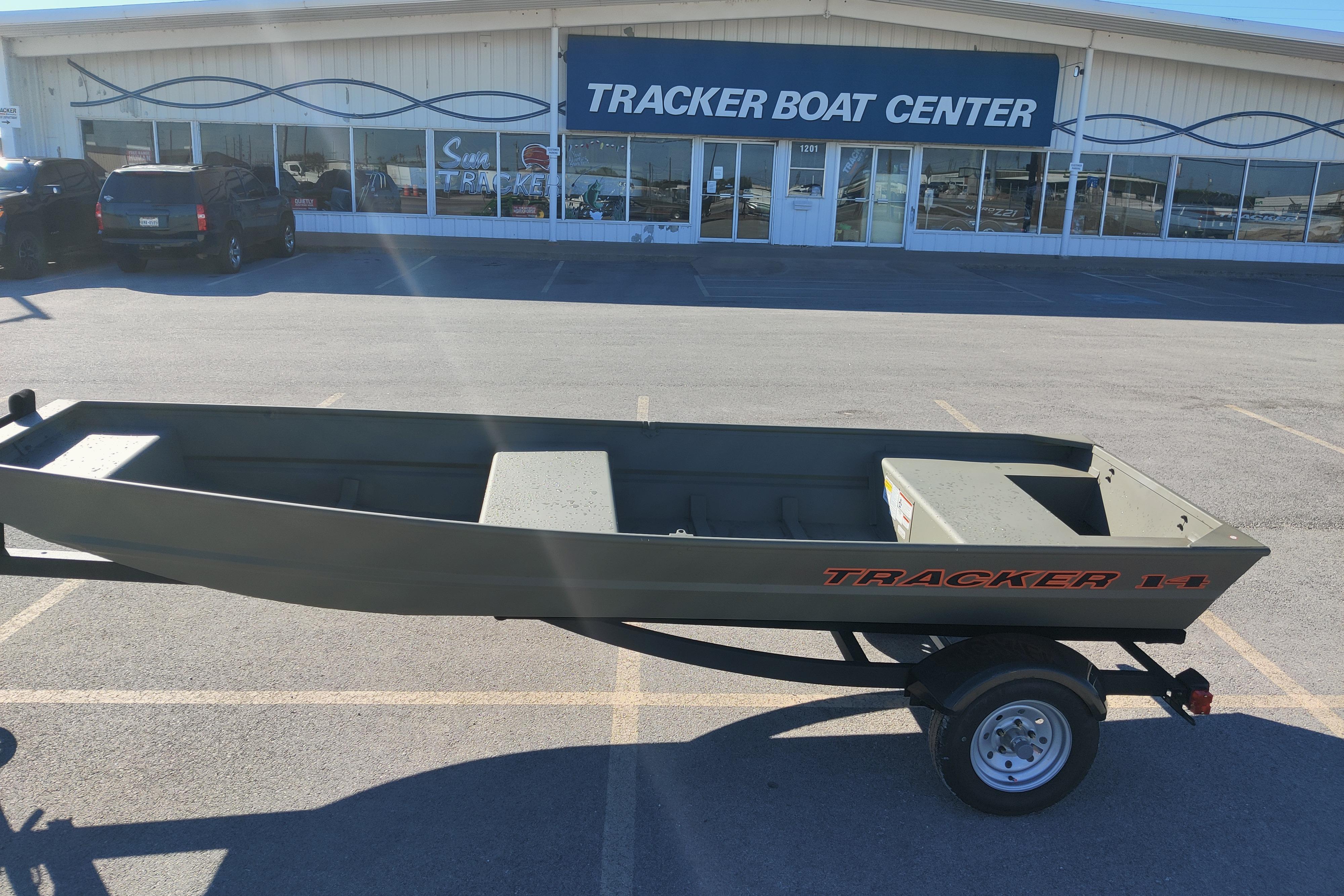 2026 Tracker Grizzly 14 Jon boat on trailer at Tracker Boat Center.