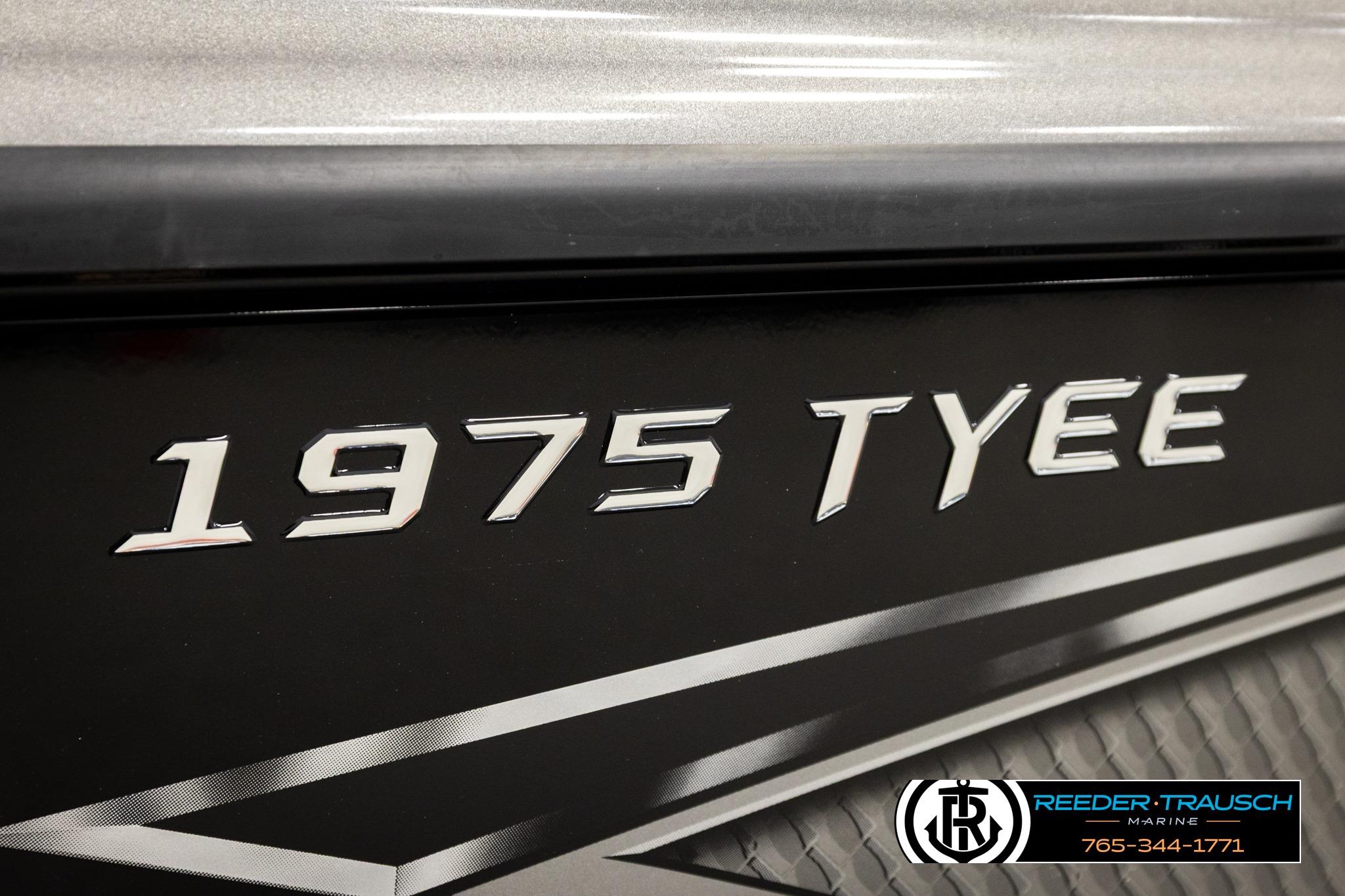 Close-up of 2026 Lund 1975 Tyee boat model nameplate.