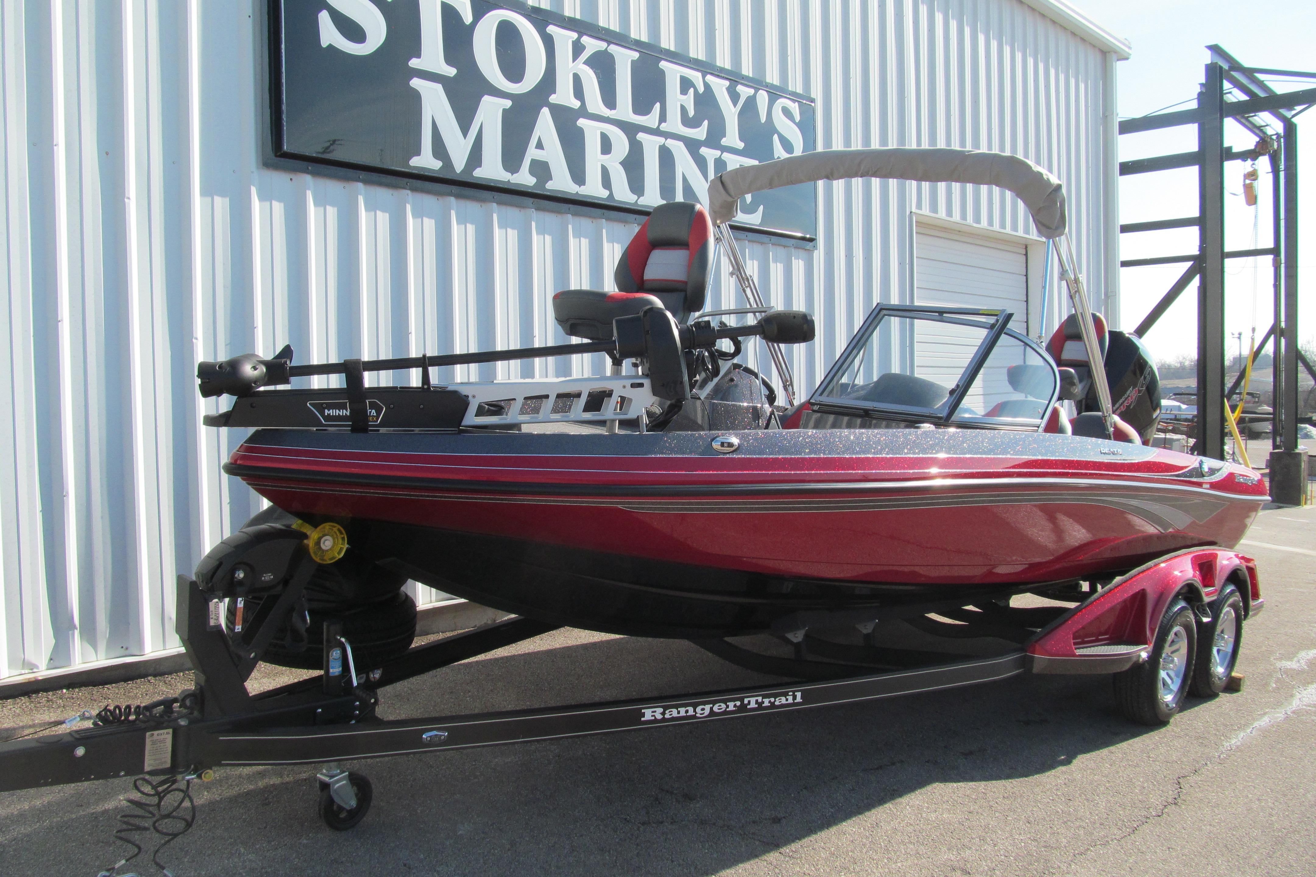 2026 Ranger 212LS boat in red on trailer at Stokley's Marine.