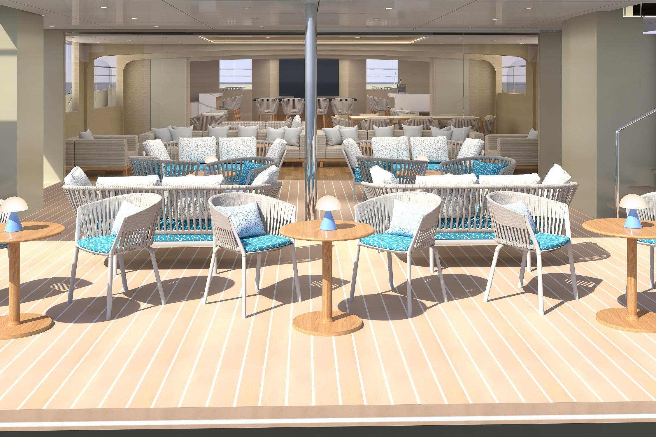 Luxurious interior of Custom Amaranta 85 yacht, 2026 model, featuring elegant seating and modern decor.